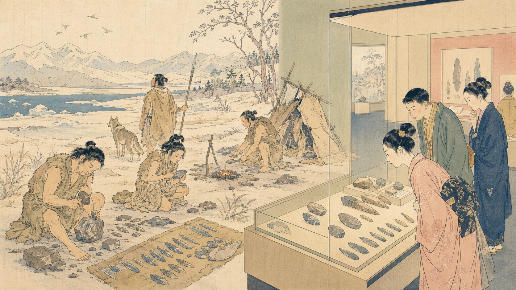 旧石器の石器製作と現代の博物館展示を並べた鈴木春信風錦絵