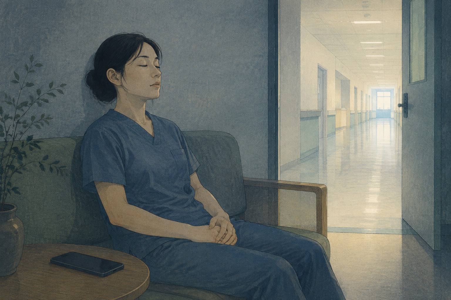 Editorial illustration of a healthcare worker following a breathing exercise on a smartphone in a hospital break room