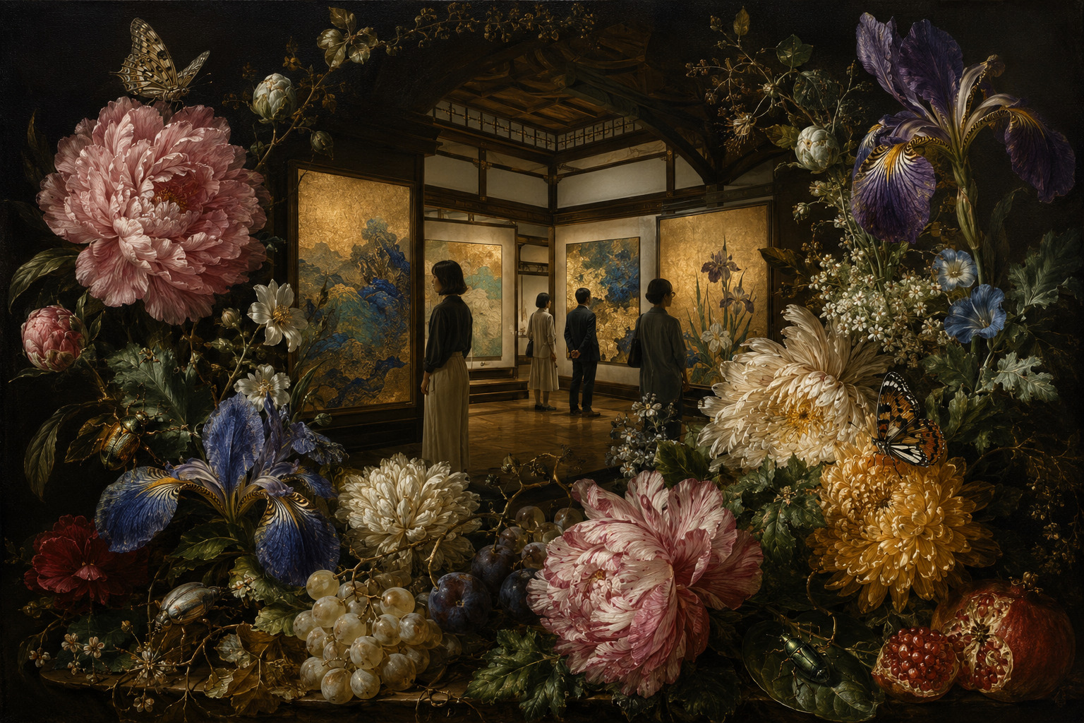 Editorial illustration of visitors viewing gold and blue contemporary paintings in a Japanese-style gallery framed by flowers and insects