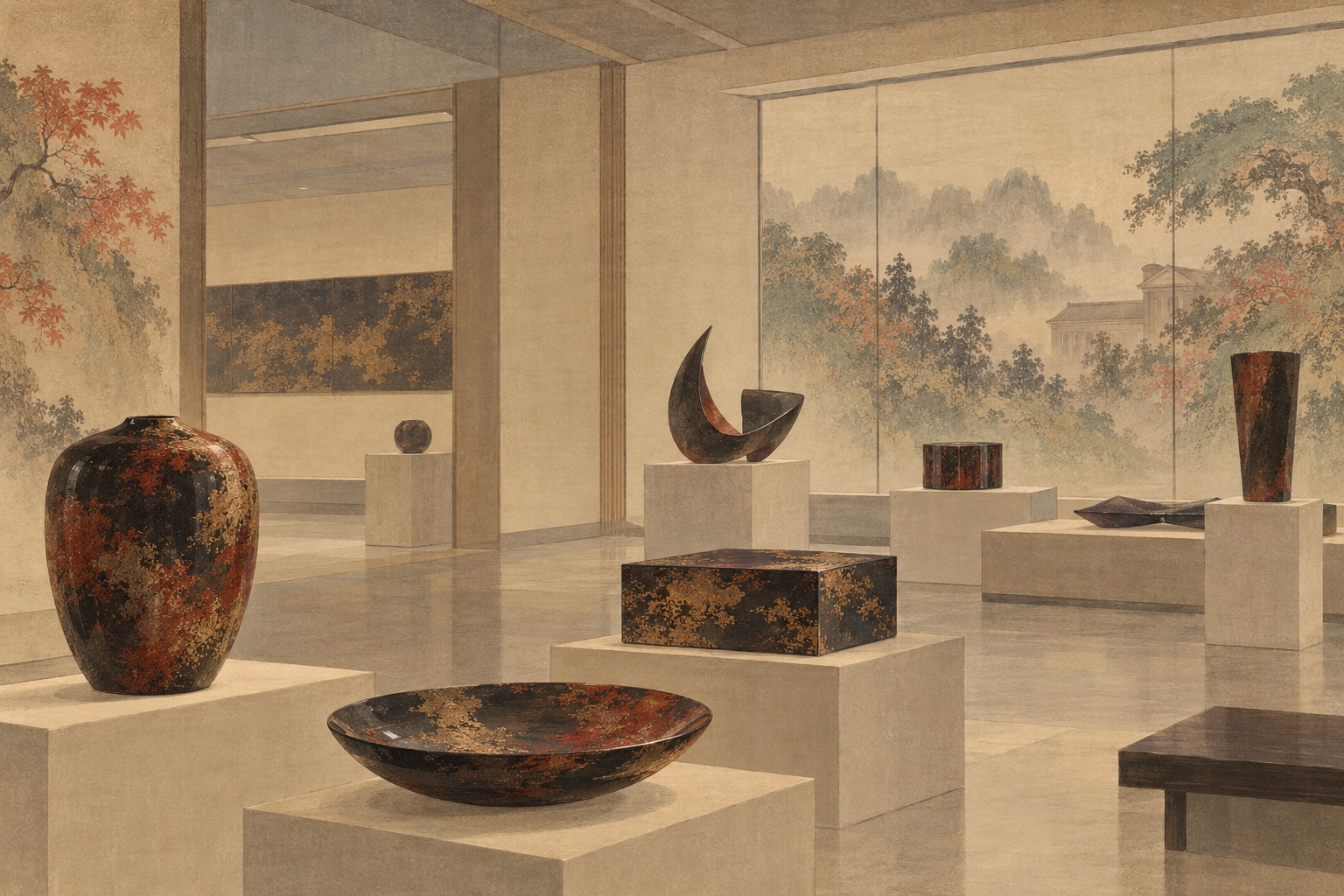 AI editorial illustration inspired by Tani Bunchō, showing contemporary lacquer works in a gallery.