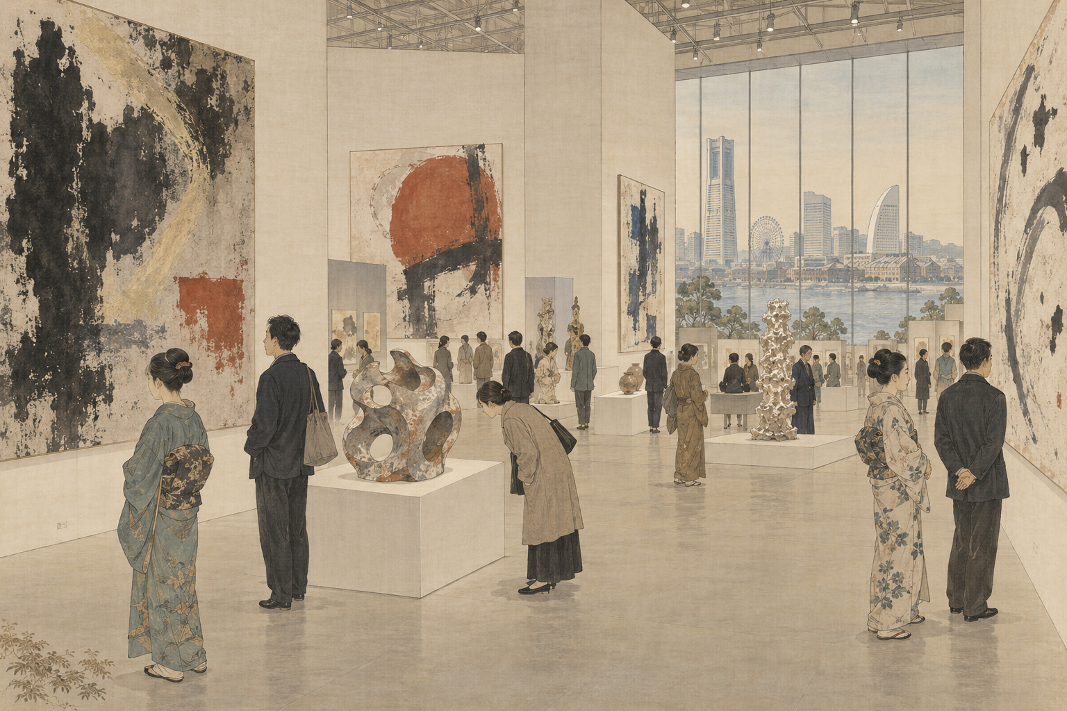 架空の横浜のアートフェアで絵画や陶芸作品を見る来場者を描いた編集イラスト