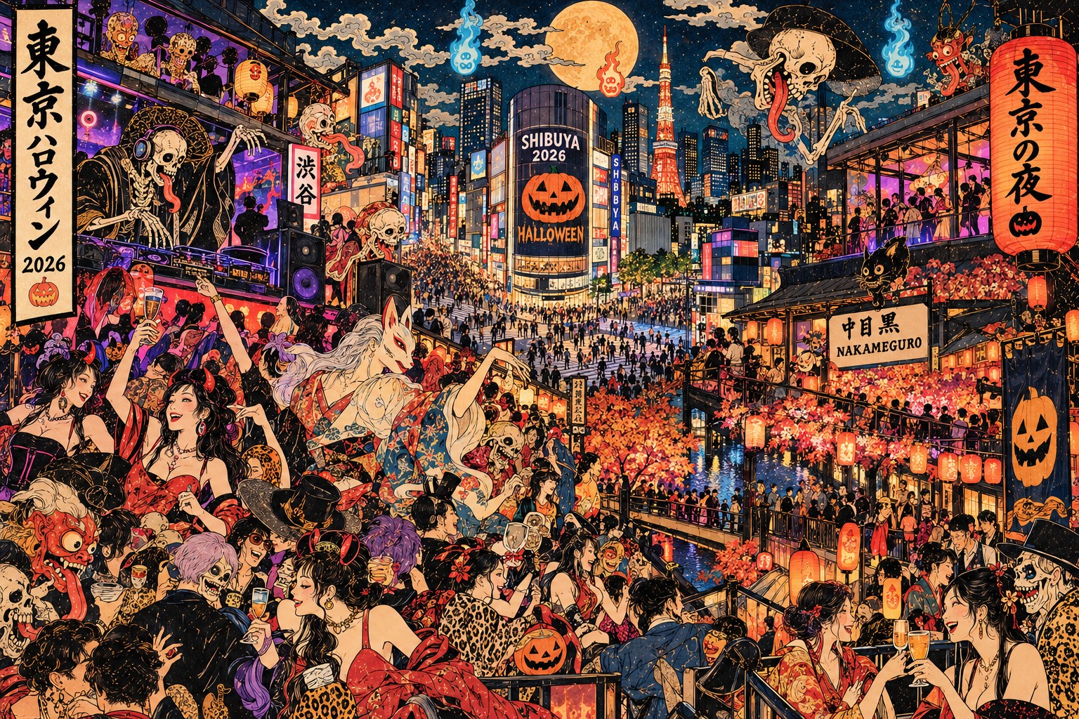 Tokyo Halloween After Dark: Where to Party — AI-generated editorial illustration inspired by Kawanabe Kyōsai