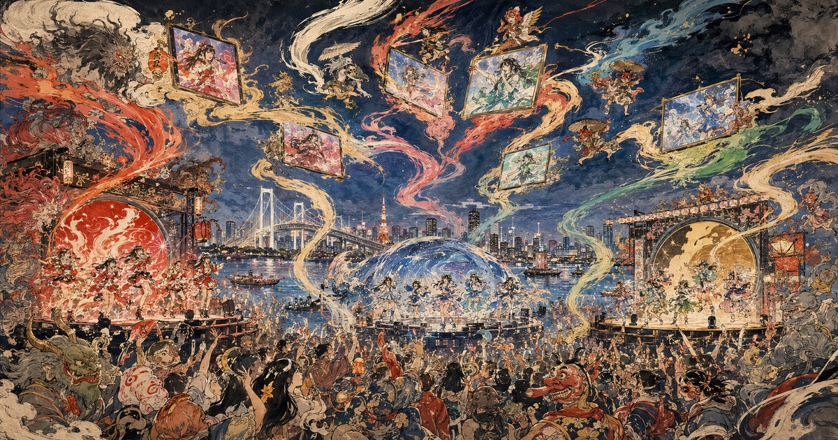 A Kawanabe Kyōsai-inspired panorama of Tokyo Idol Festival stages in Odaiba spilling into three days of streaming screens