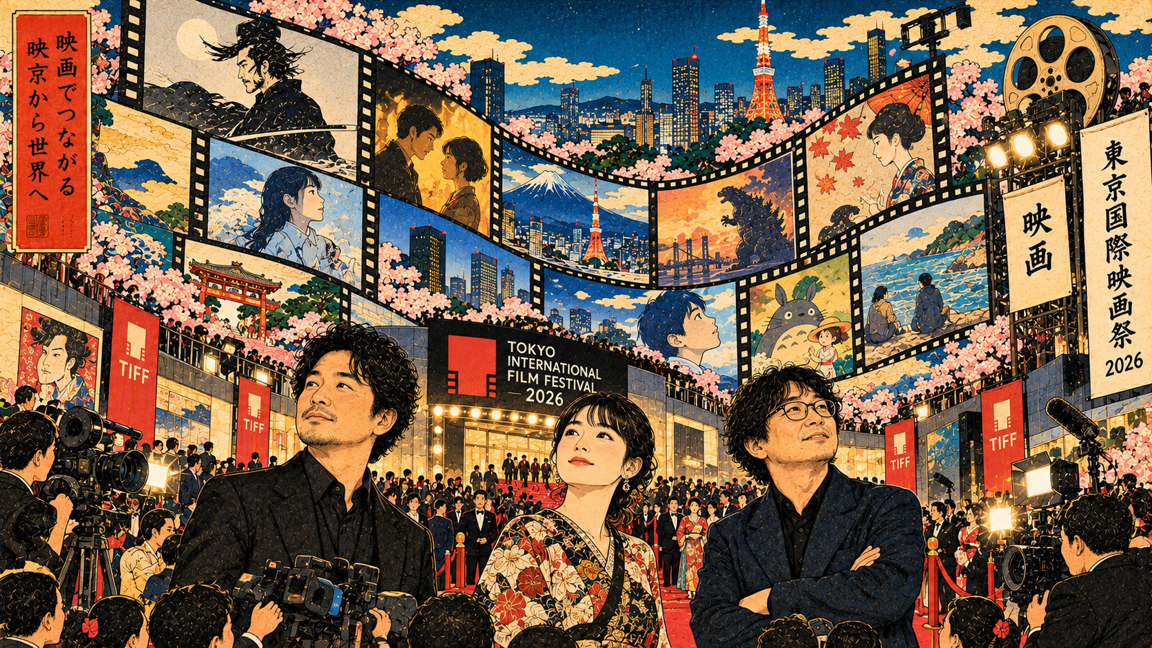 歌川芳藤の浮世絵に着想を得た、東京国際映画祭と3人の映画監督を象徴するAI生成イラスト