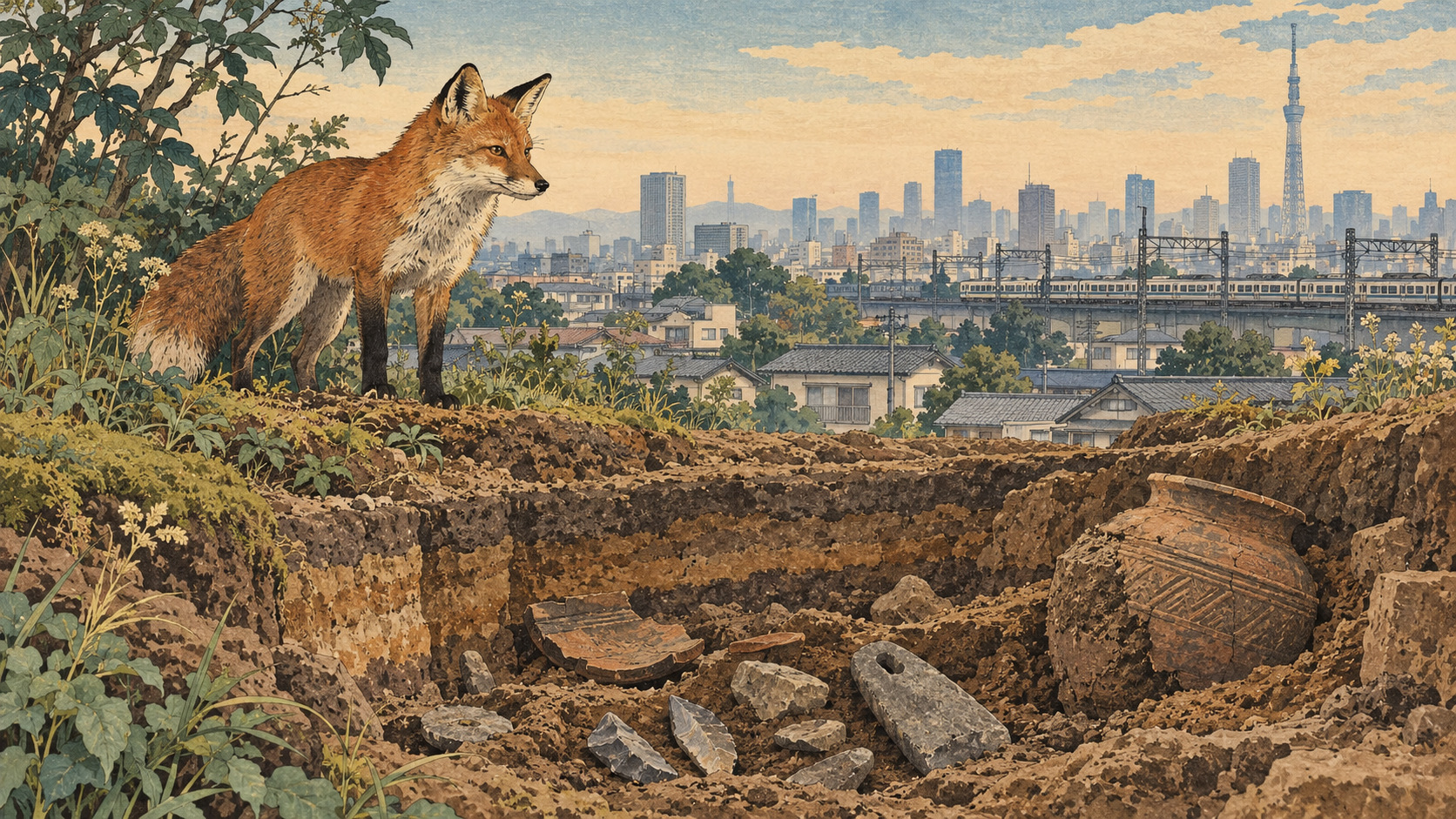 東京・板橋の足元に３万年の時間――茂呂遺跡と「カミイタ」の文化財を歩く — editorial illustration