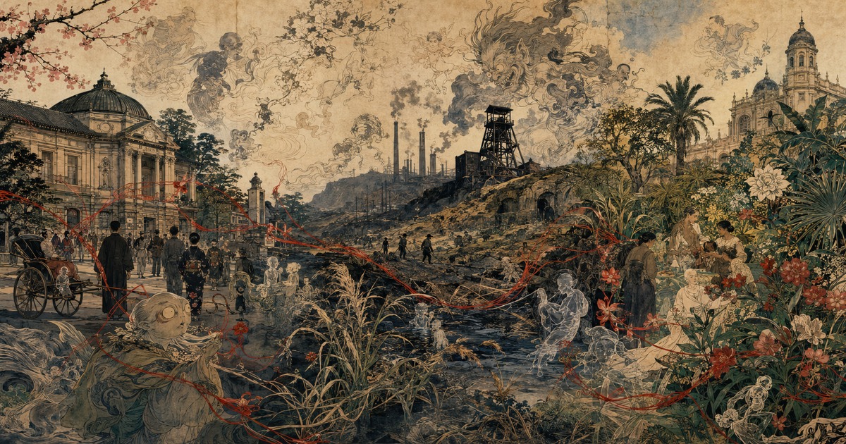 A Kawanabe Kyōsai-inspired museum scene in which three places and three centuries collide in one animated gallery