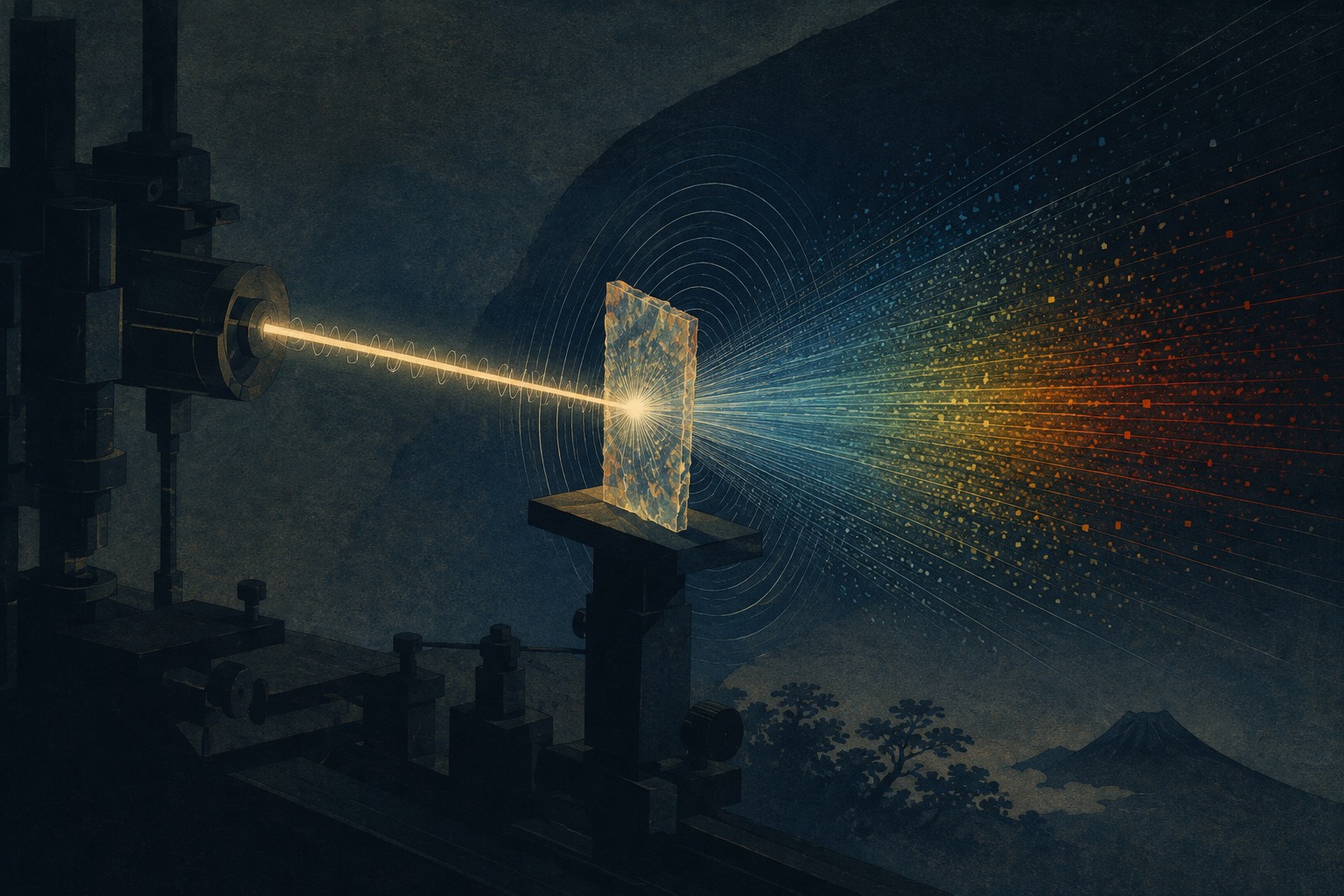 Editorial illustration of a femtosecond soft-X-ray pulse striking a microscopic specimen as spatial structures and spectra emerge