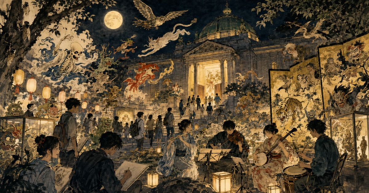 A Kawanabe Kyōsai-inspired summer-night procession of students and musicians entering illuminated Tokyo museums