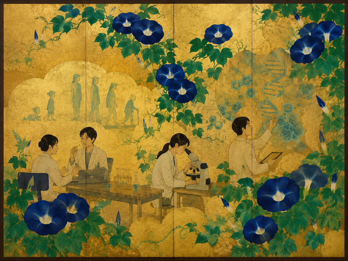 健康寿命研究の実験室と植物由来小胞を描いた編集画
