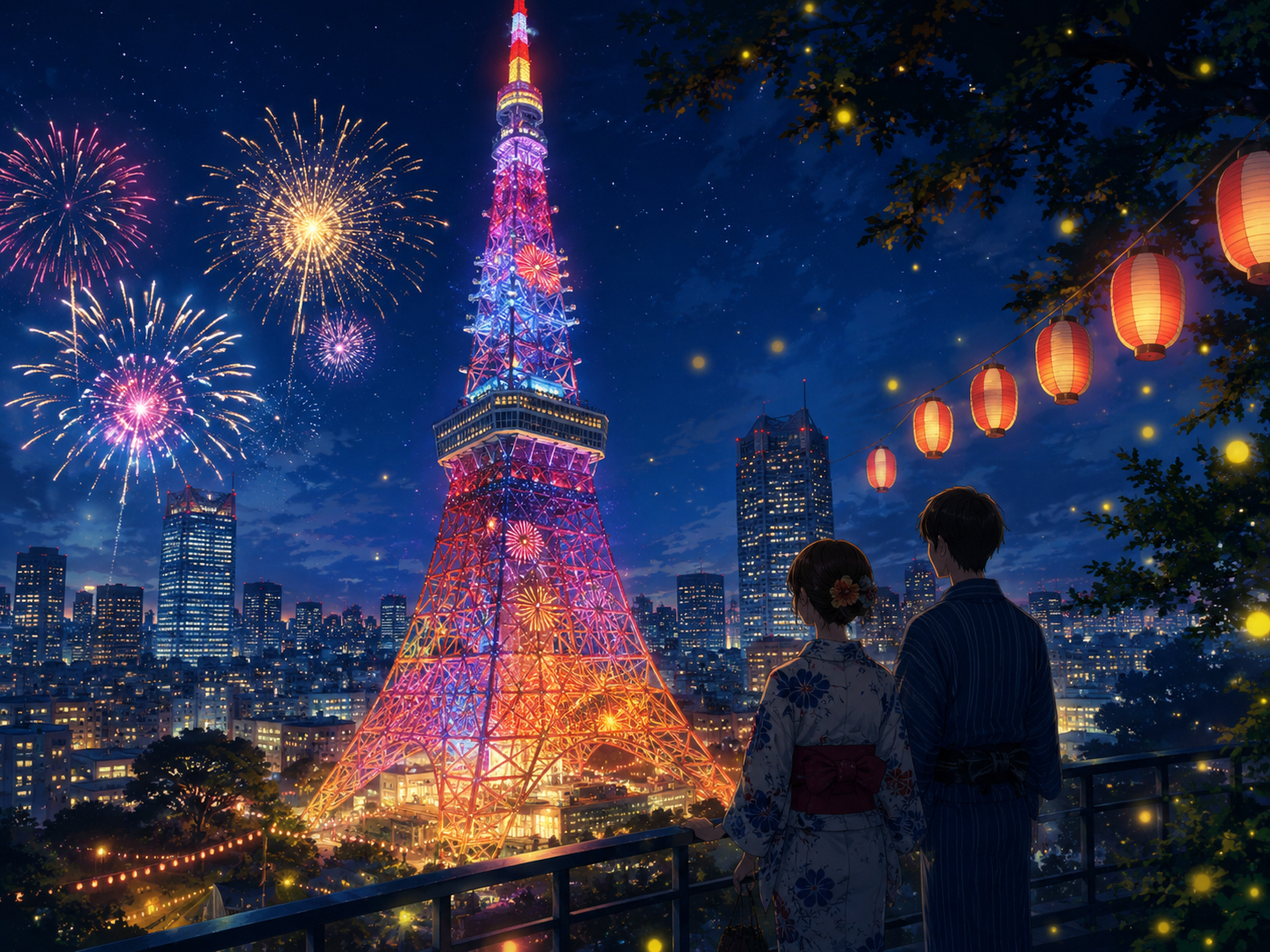 東京タワー、夏の夜景を祭りの光へのイラスト