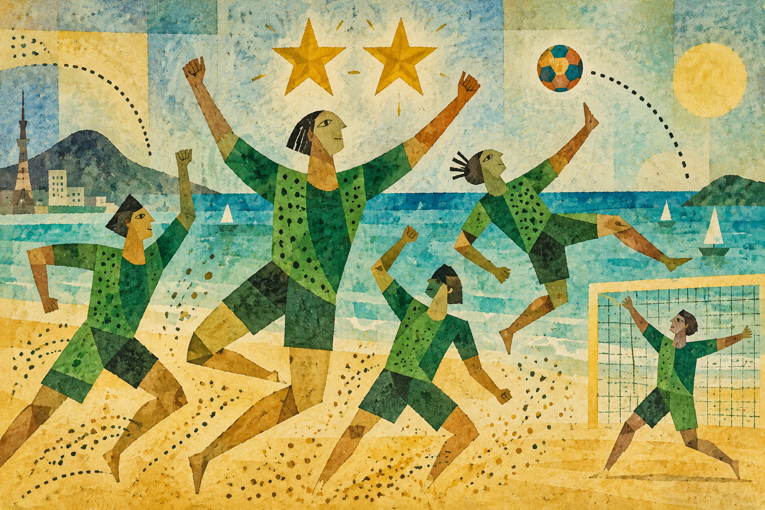 Tokyo Verdy’s seventh beach-soccer title—and the community behind the repeat champions — AI-generated editorial illustration