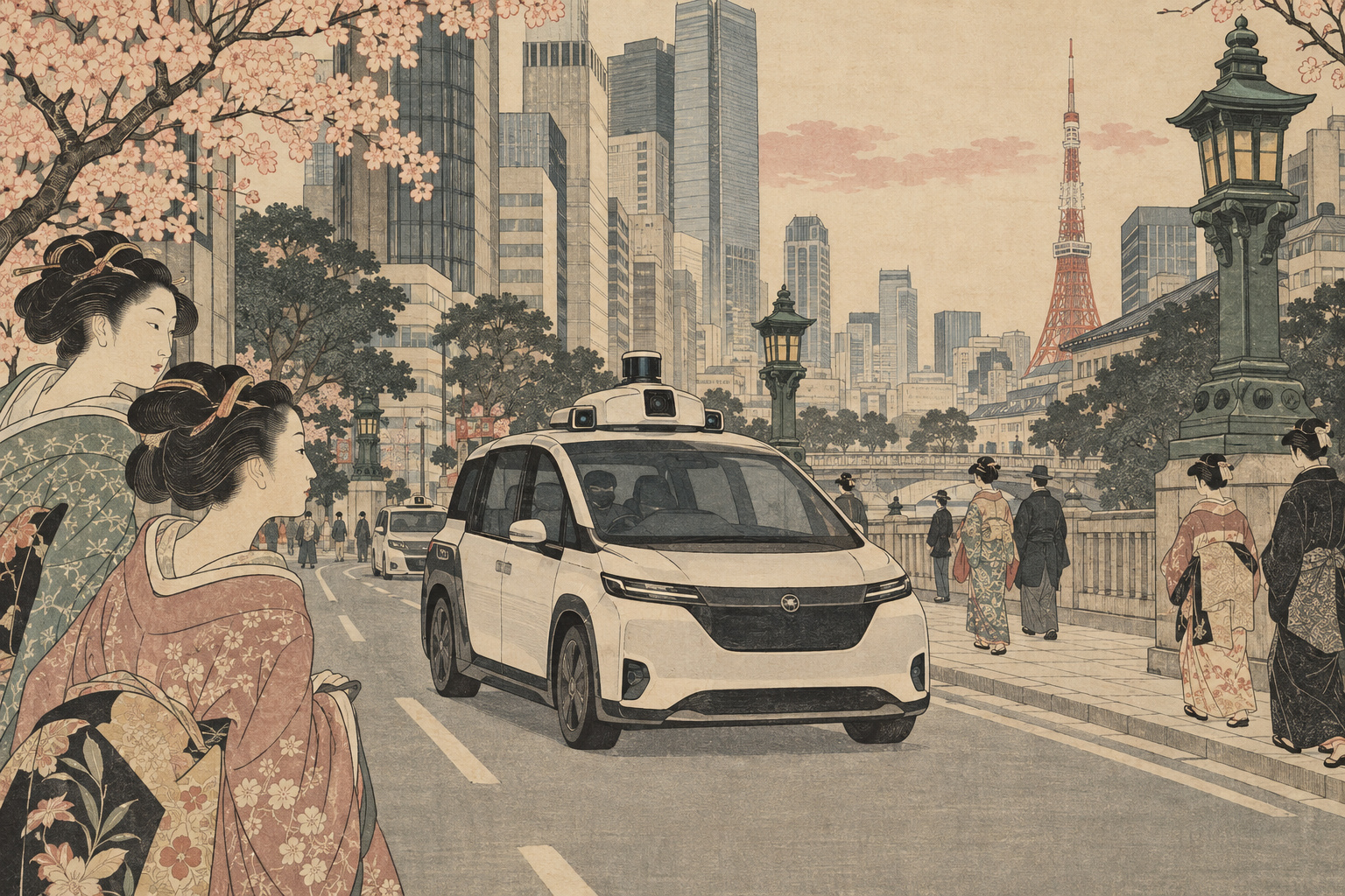 Kubo Shunman-inspired editorial illustration of an autonomous taxi moving through Tokyo