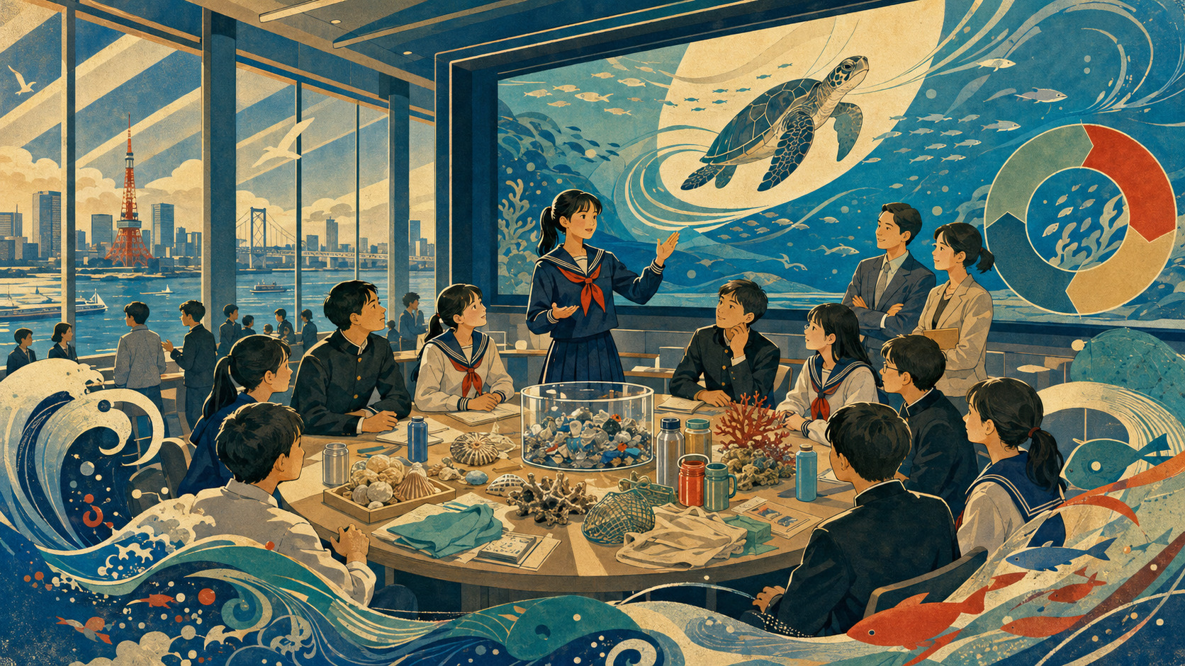 東京の海洋保全フォーラムで議論する10代の参加者