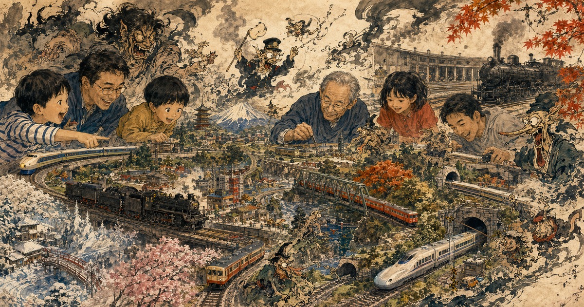 A Kawanabe Kyōsai-inspired miniature Japan crowded with TOMIX shinkansen, commuter trains, stations and animated trackside spirits