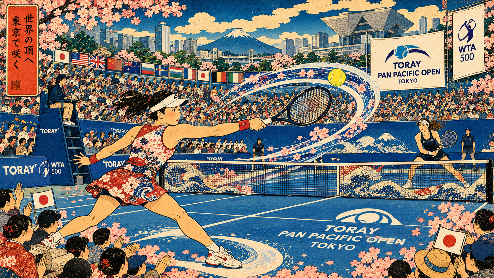 AI-generated ukiyo-e-inspired symbolic illustration of women competing at the Toray Pan Pacific Open