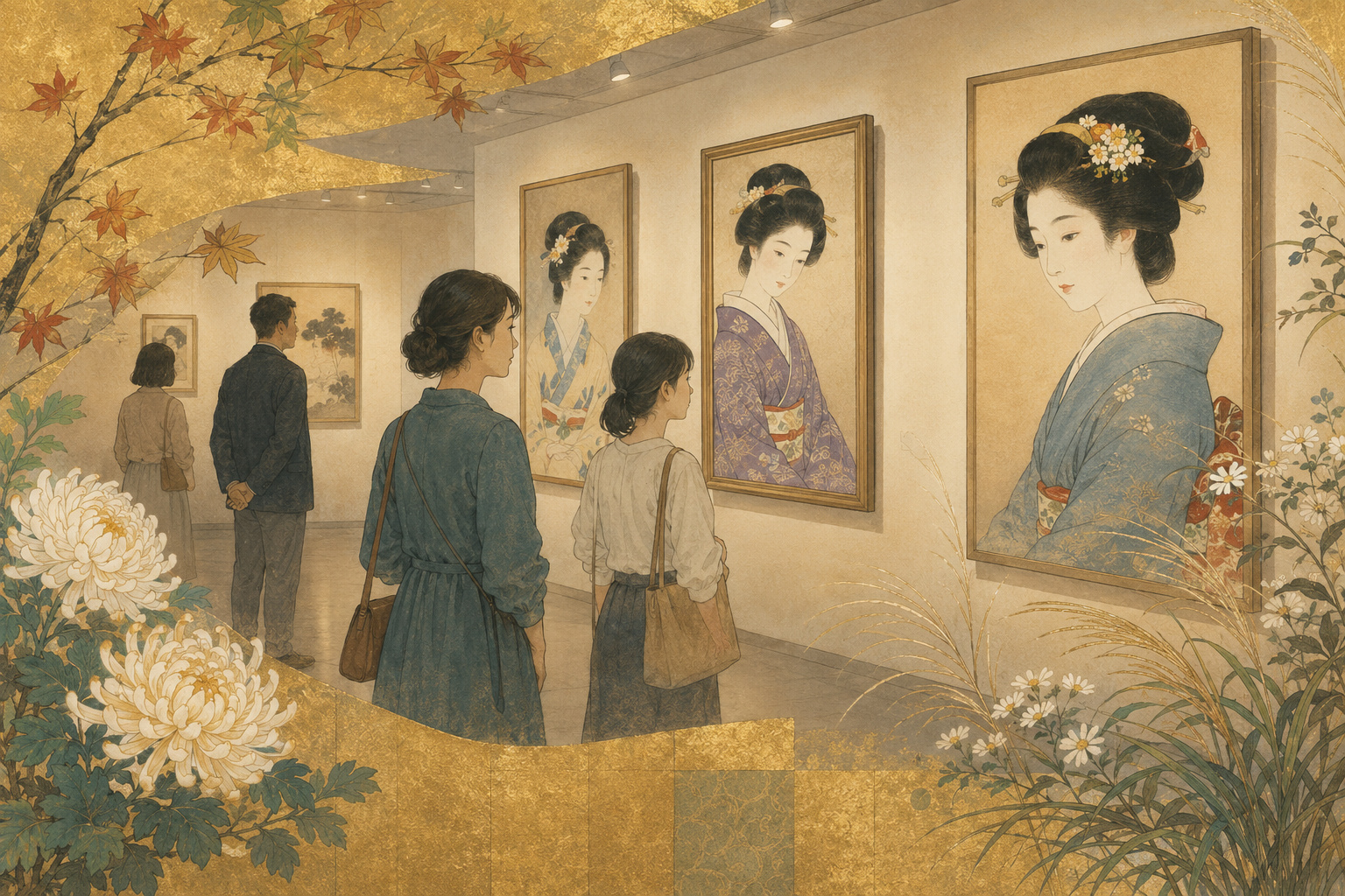 鳥居言人の美人画と歌舞伎絵の二つの世界を、木版画、舞台看板、女性像とともに構成した歴史編集イラスト