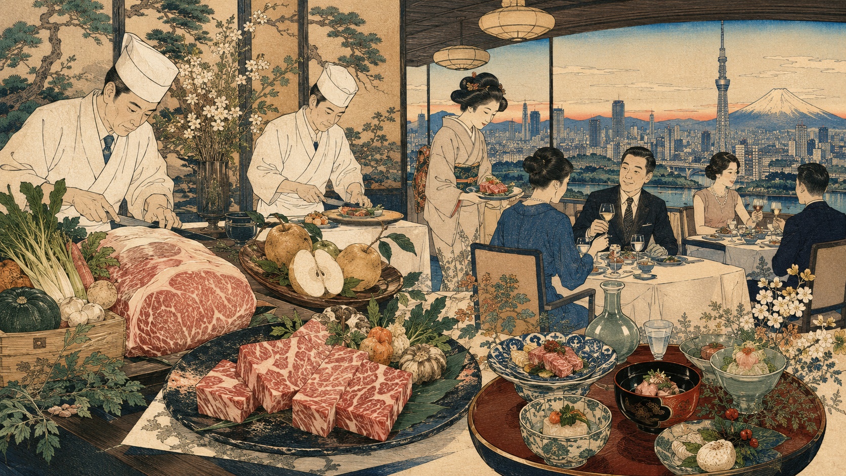 鳥取和牛の料理を中心に、大山、梨、砂丘らっきょう、牛乳、日本酒と東京のホテルダイニングを木版画調で描いたイメージ。