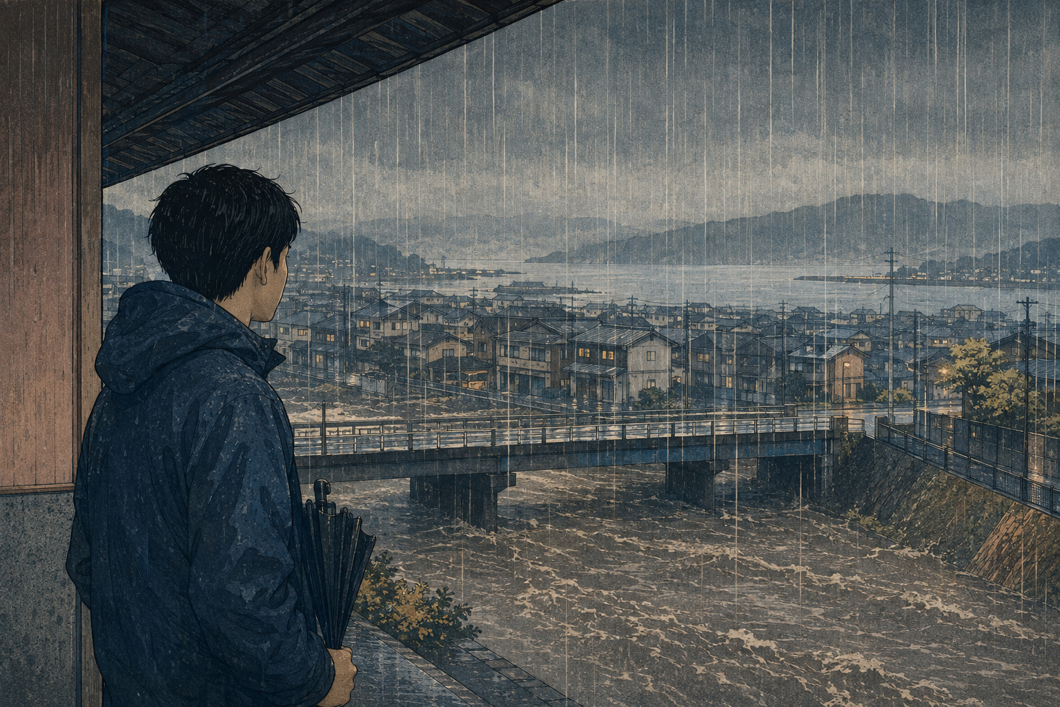 激しい雨の中、氷見の沿岸市街地と増水した川を軒下から見つめる住民を描いた編集イラスト