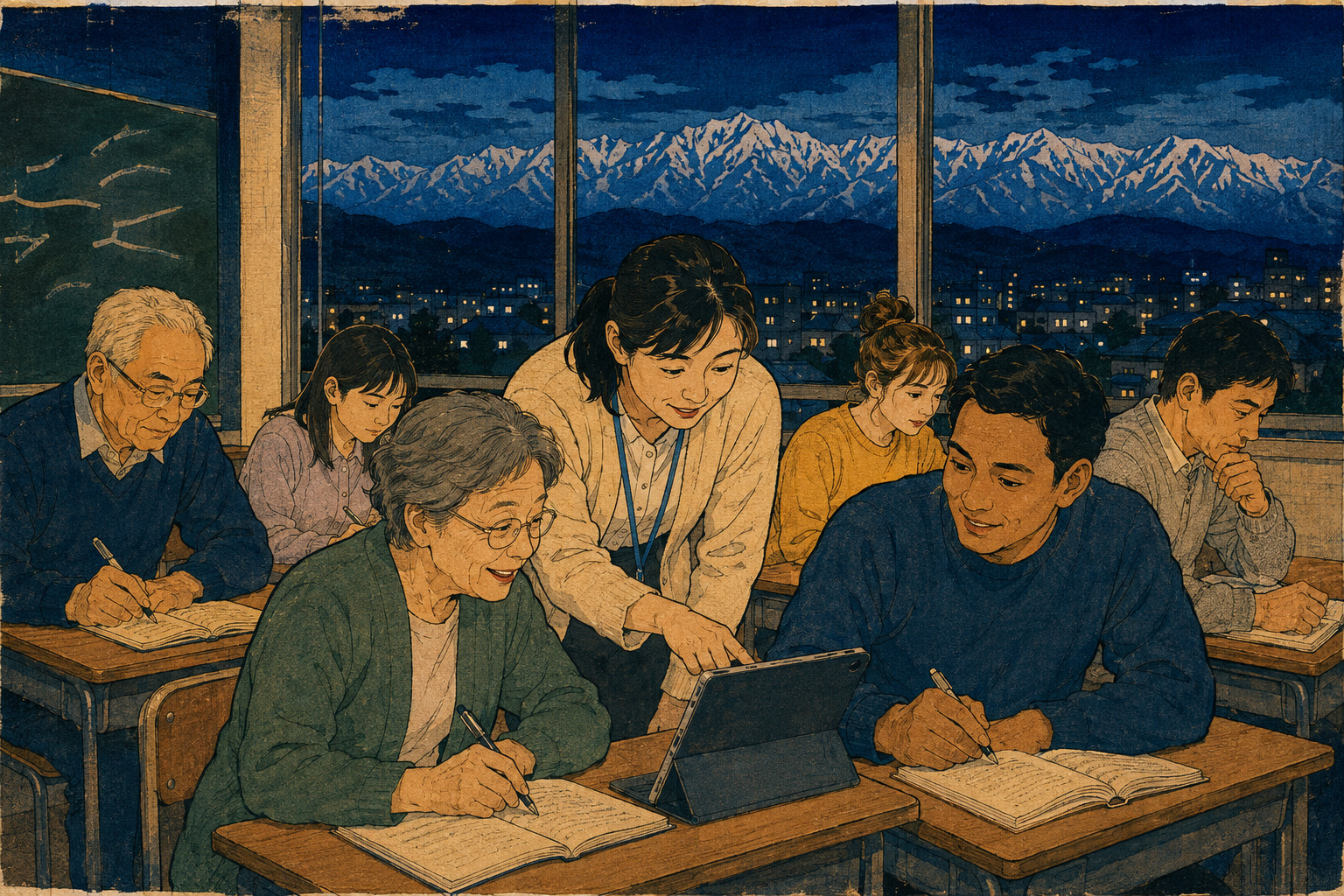 An editorial illustration of learners of different ages and backgrounds studying together in an evening classroom in Toyama