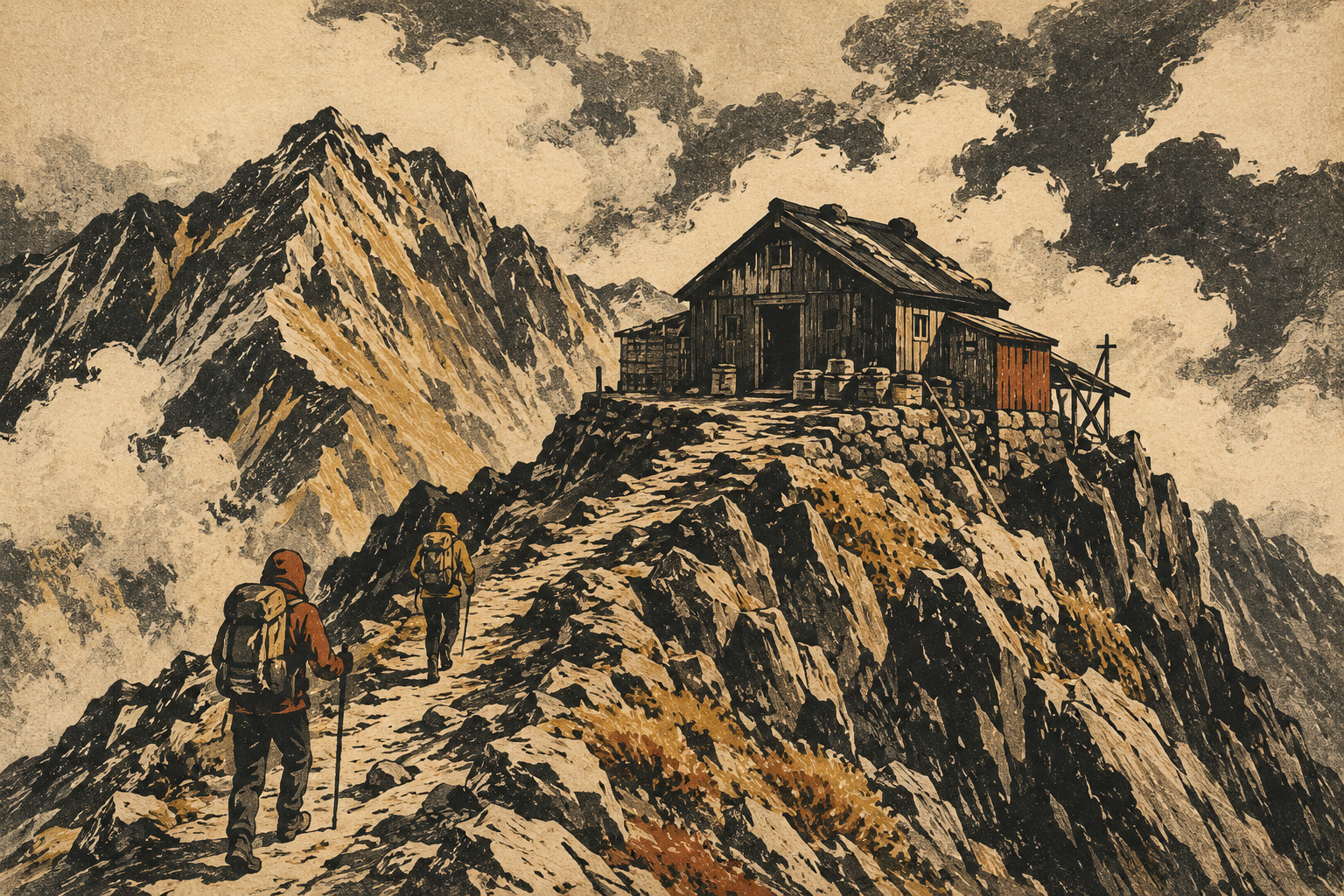 富山の北アルプスと山小屋へ向かう登山者を描いた木版画風の編集用イラスト