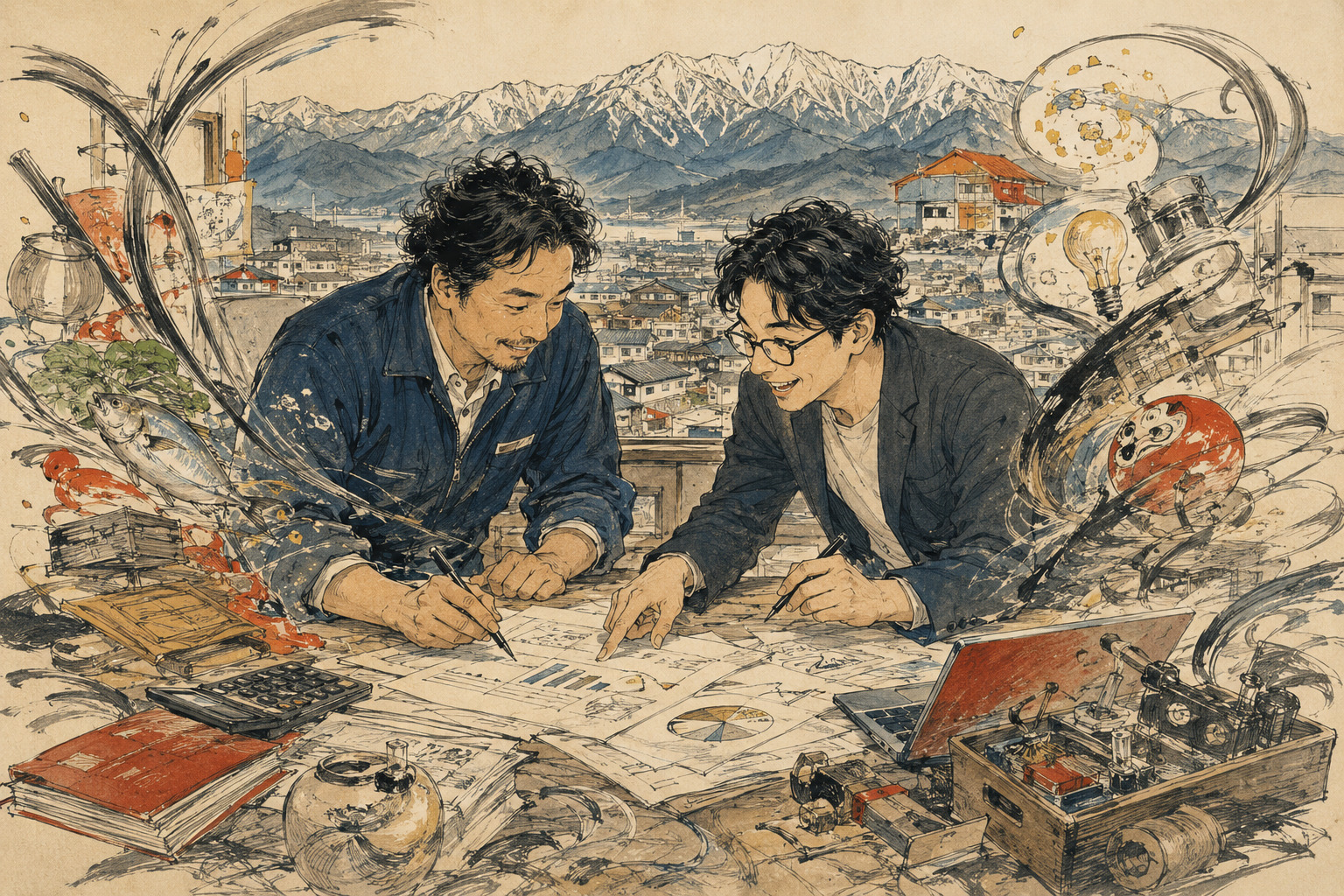 A Toyama business owner and an outside specialist reviewing plans at a worktable