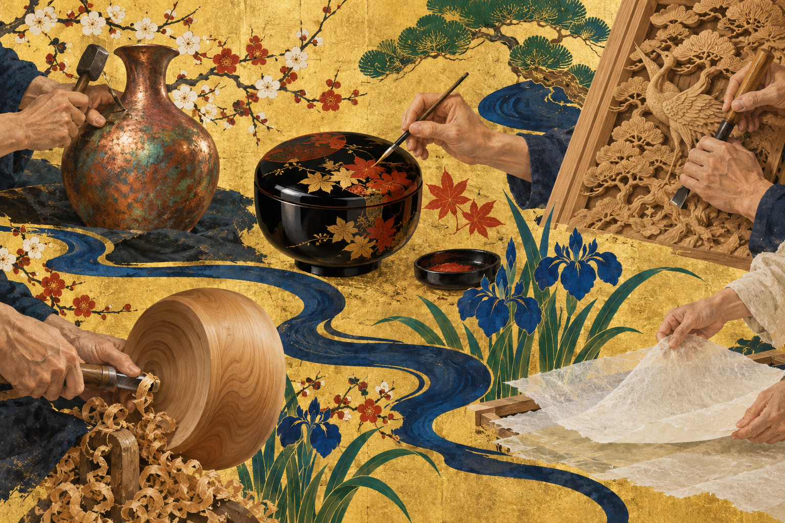 Copperware, lacquerware, carved and turned wood, washi and artisans’ hands arranged on a gold ground