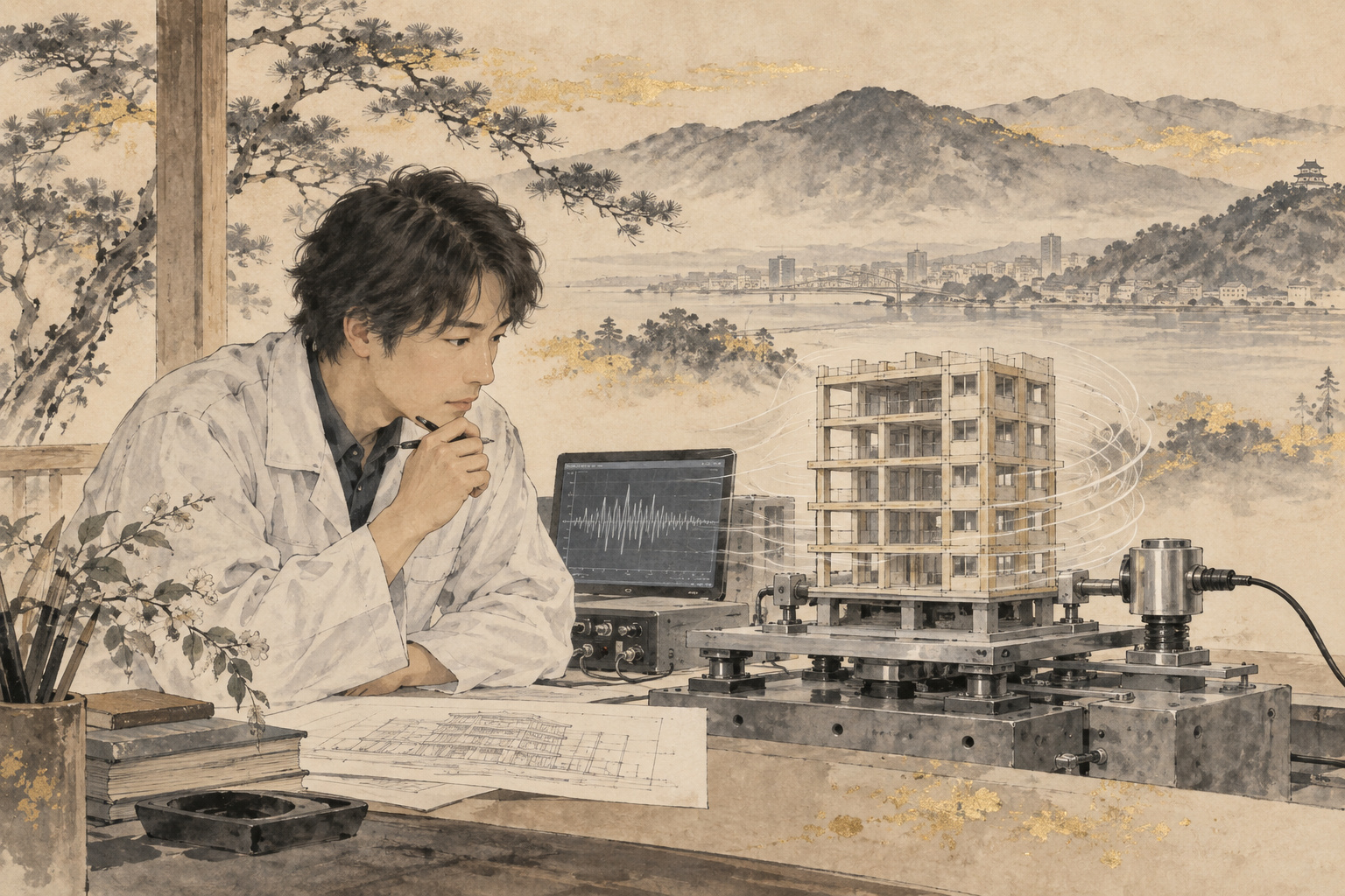 Conceptual illustration of an engineer studying a building model beside vibration-testing equipment and a force sensor
