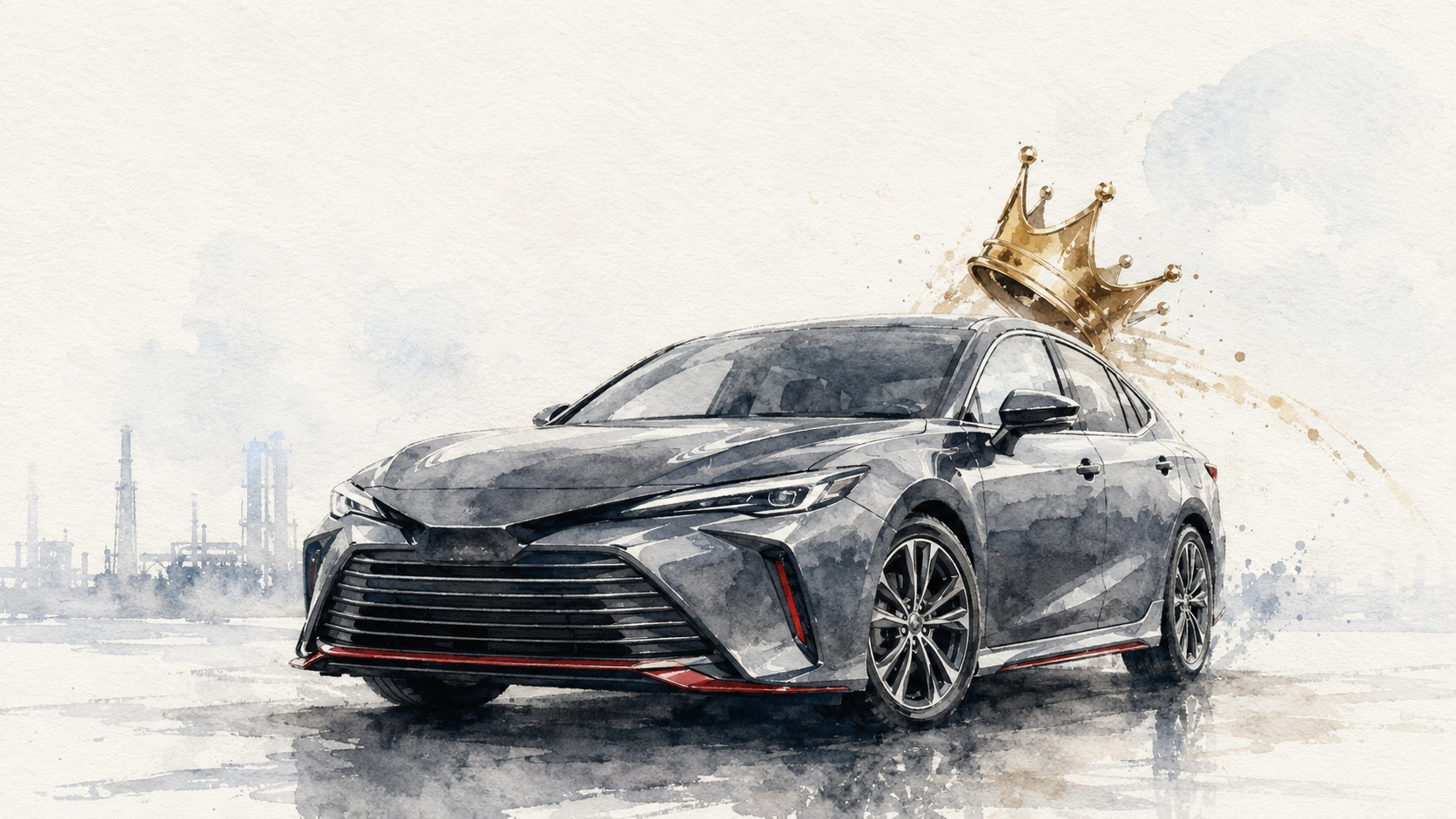 Watercolor with a single focal point: one Toyota vehicle on a quiet factory floor