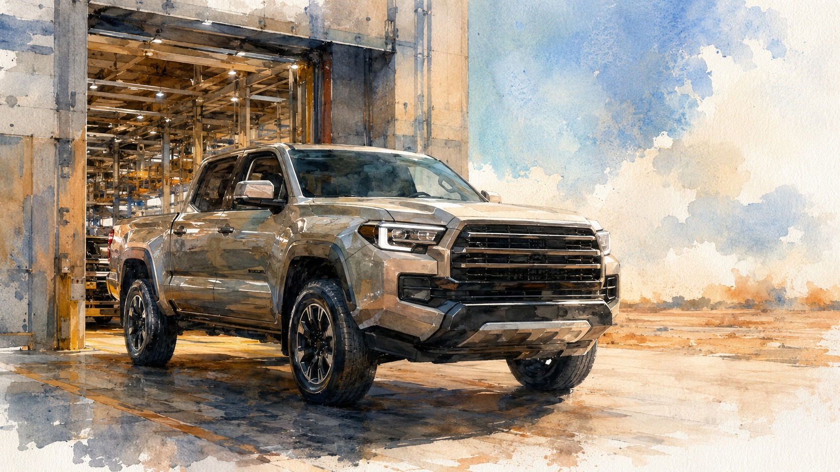 A watercolor illustration focused on one Tacoma leaving Toyota’s San Antonio plant.