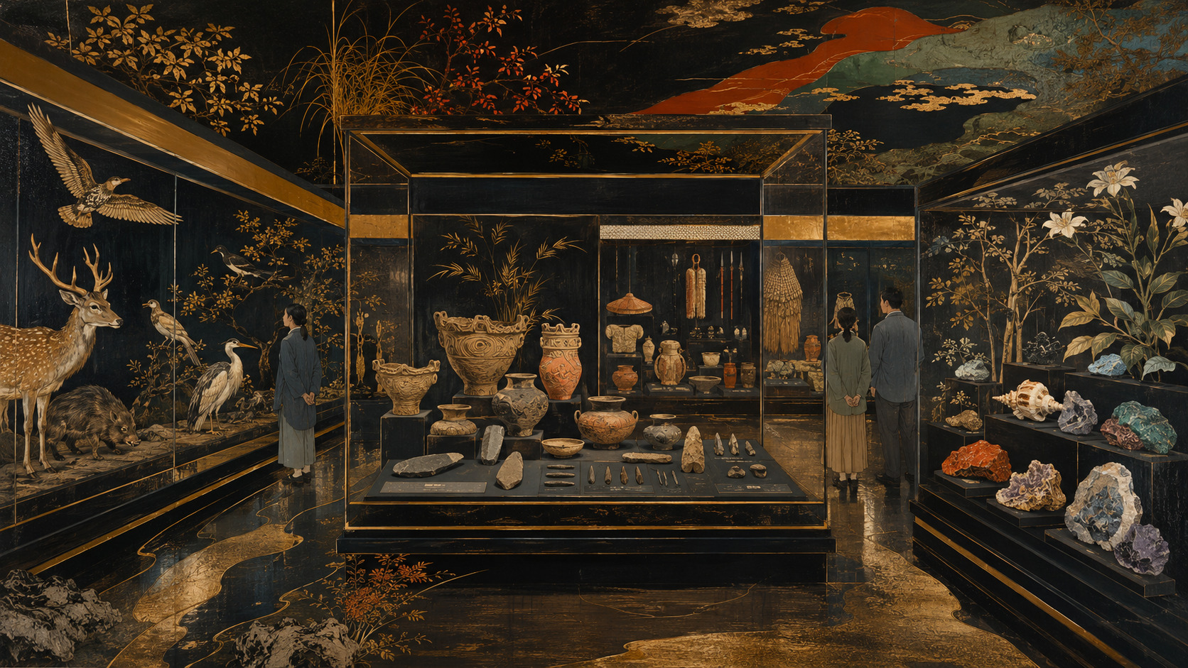 A museum gallery combining Miyazaki archaeological objects, traditional artifacts, plants, animals and geological specimens.
