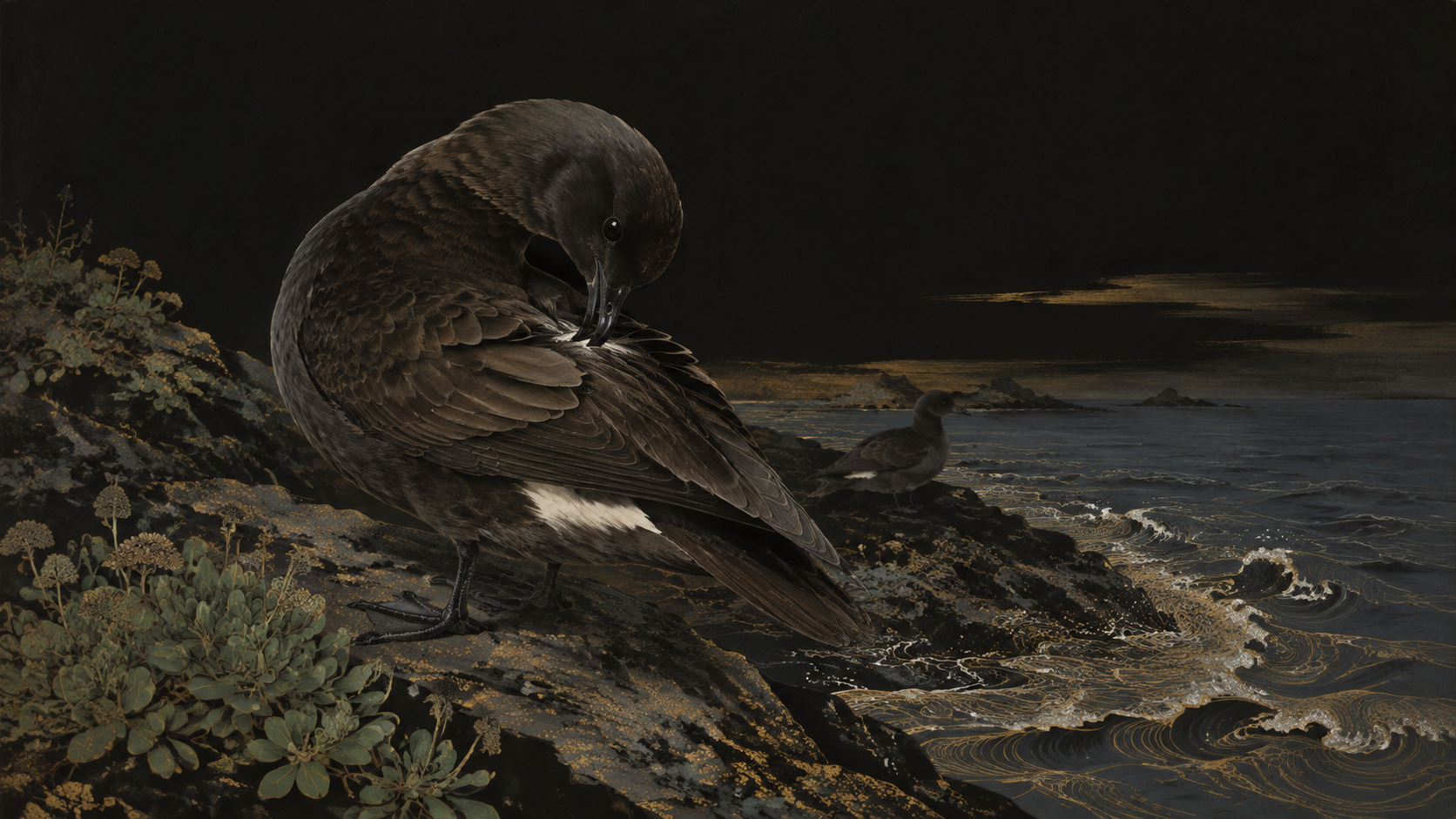Shibata Zeshin-inspired editorial illustration of a Tristram’s storm petrel preening on a rocky shore