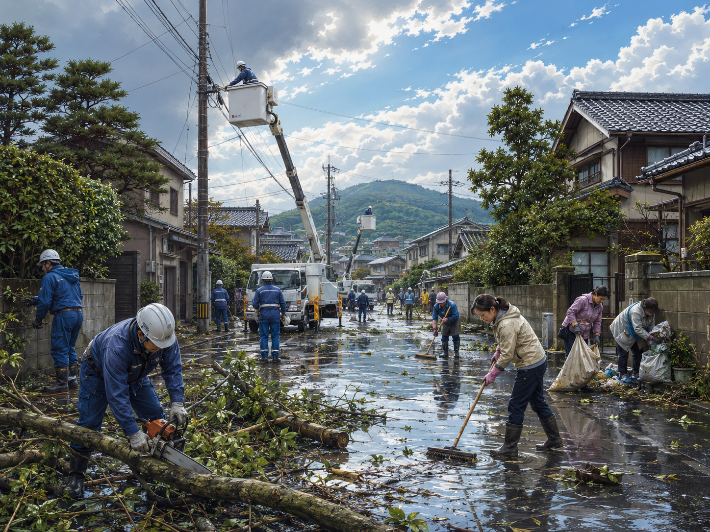 台風後の日本の町で復旧作業をする住民と作業員