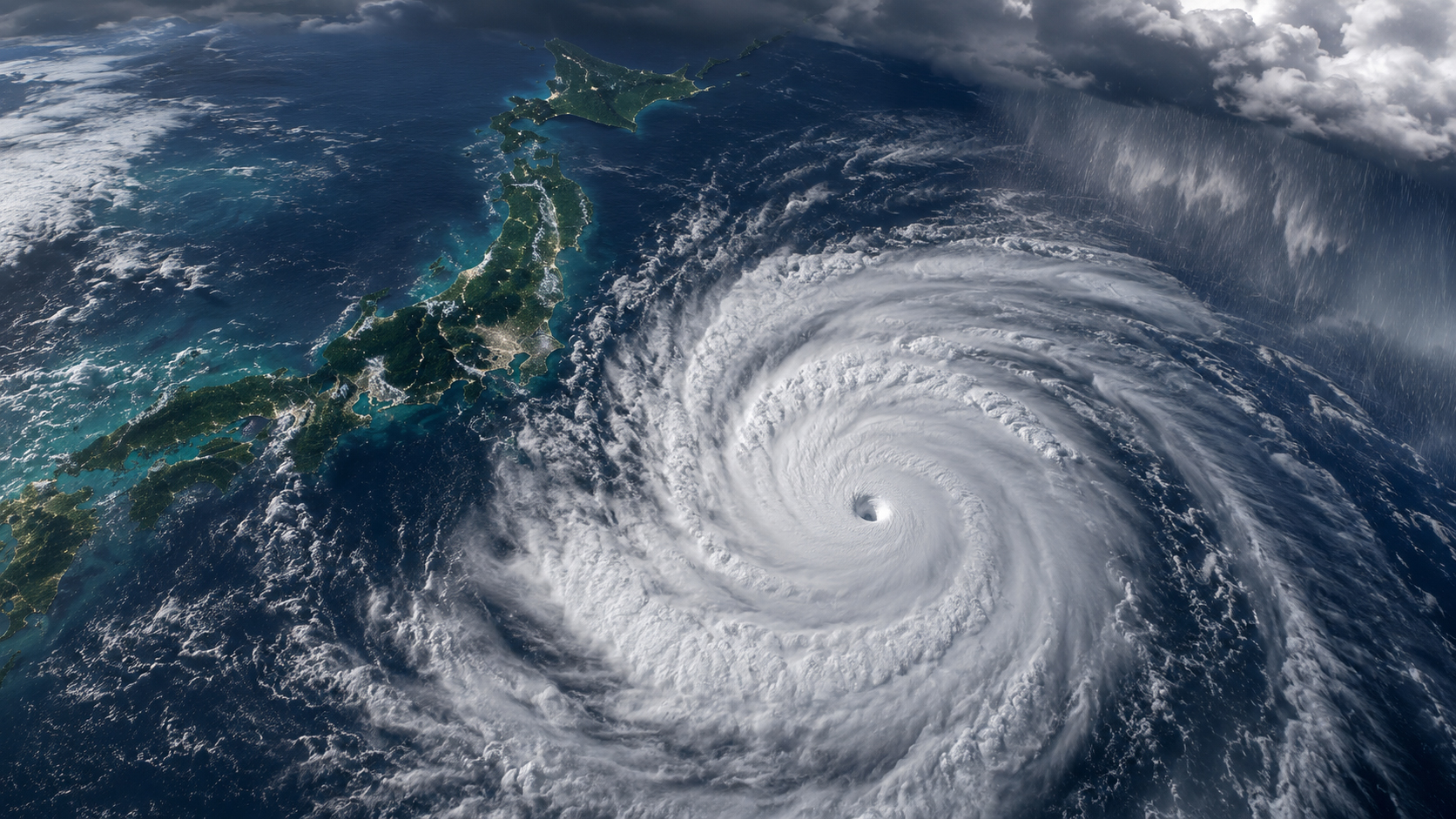西太平洋から日本列島へ向かう台風の雲と雨雲が衛星画像風に広がる様子。