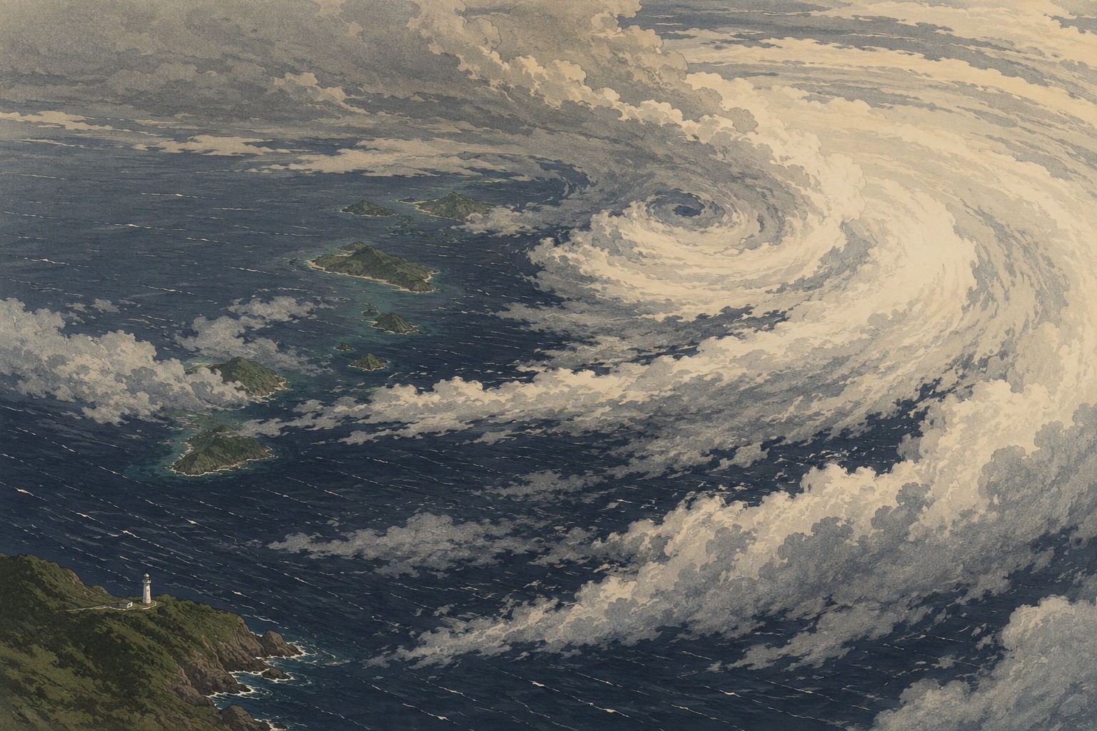 Editorial illustration of Typhoon Saudel approaching Okinawa and Amami