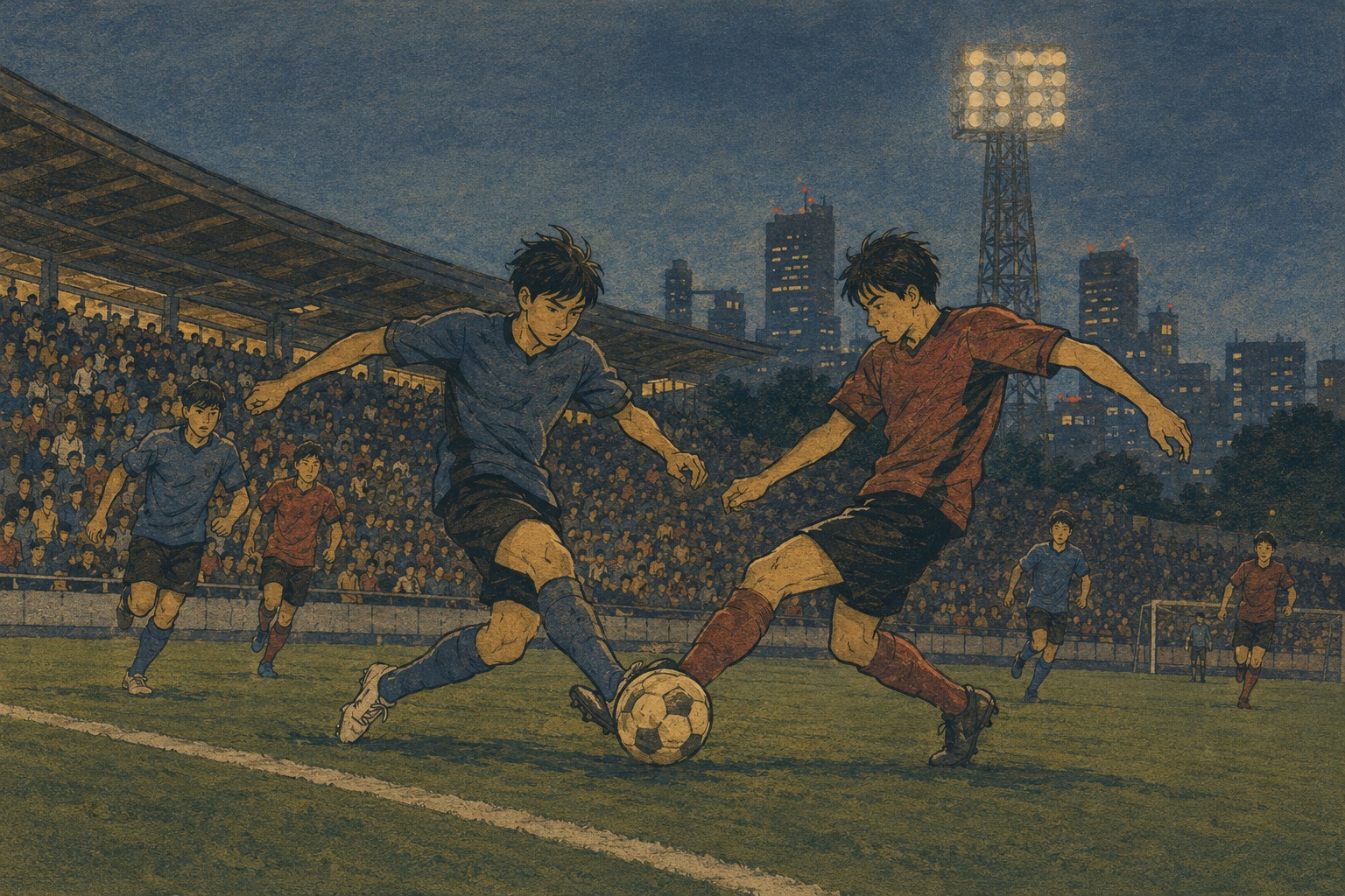 Editorial illustration of young Japanese footballers contesting the ball in an evening Tokyo derby