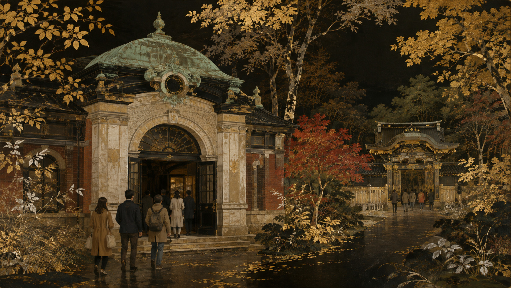 Visitors entering a rarely opened historic site in Ueno, with the former museum-zoo station and Tokugawa heritage represented.