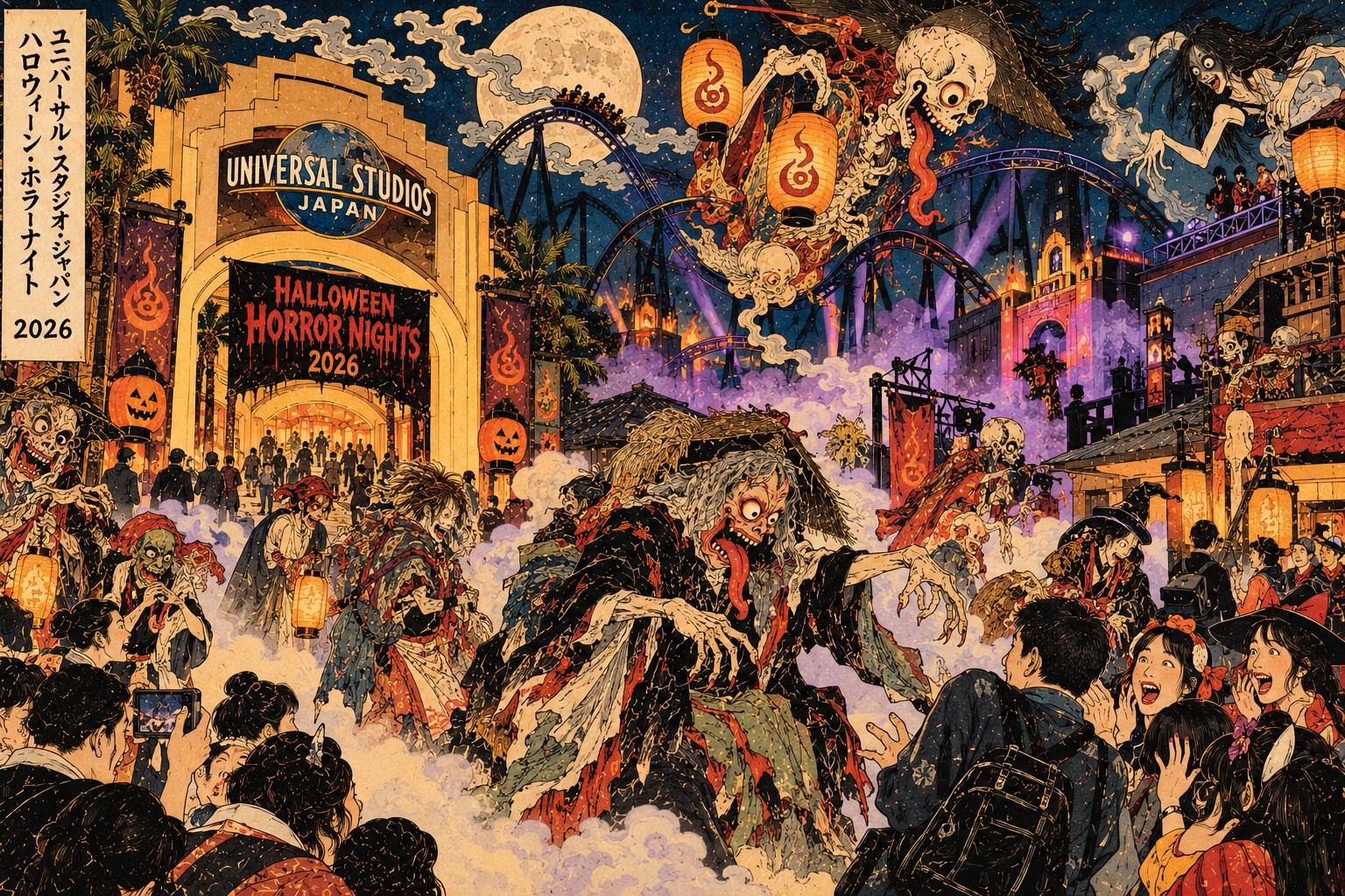 Inside Osaka’s Engineered Nightmares at USJ — AI-generated editorial illustration
