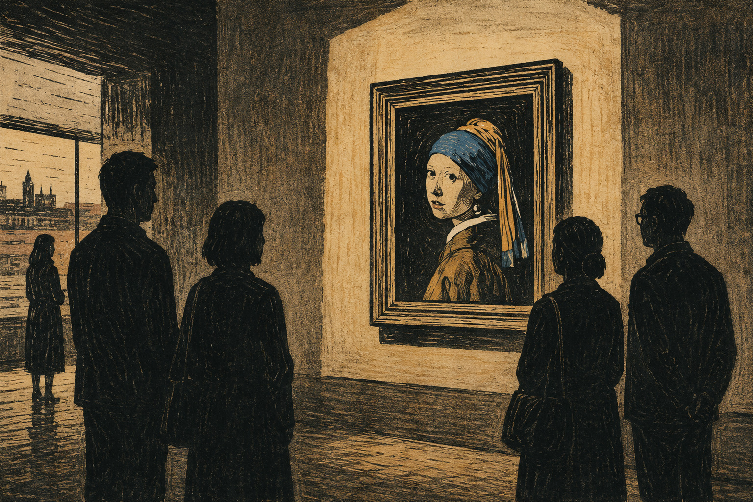Editorial presentation of Vermeer’s Girl with a Pearl Earring in a dark museum-gallery setting