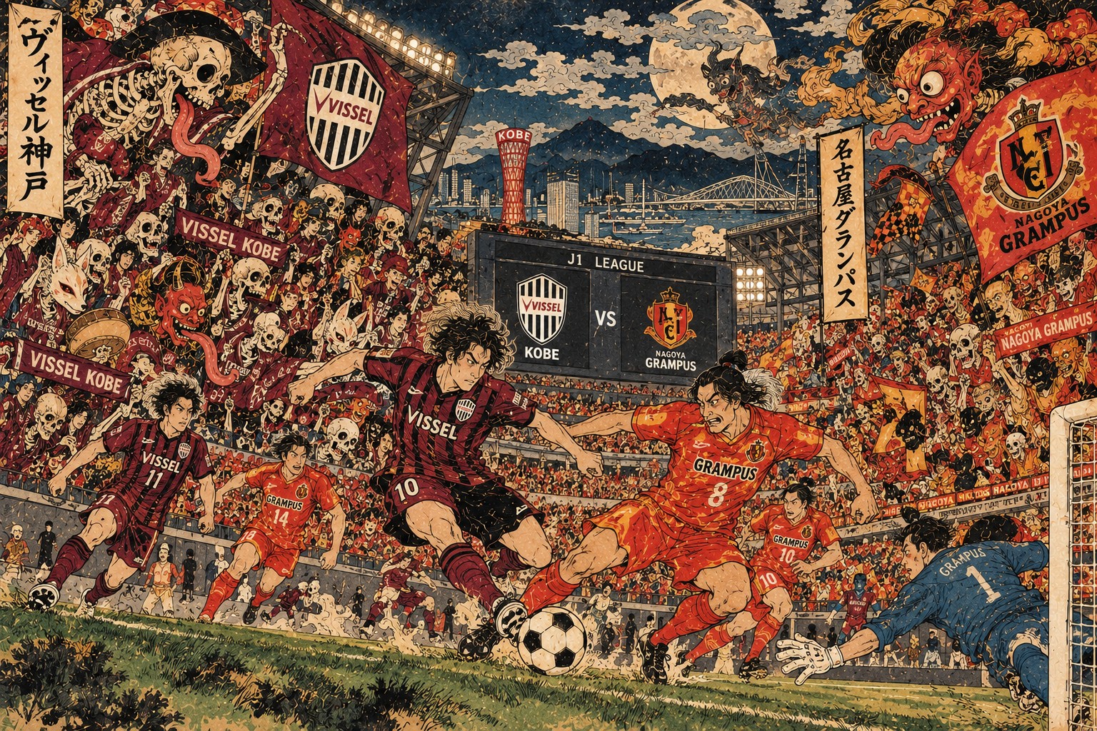 Kobe’s Halloween Test Against Nagoya Grampus — AI-generated editorial illustration inspired by Kawanabe Kyōsai