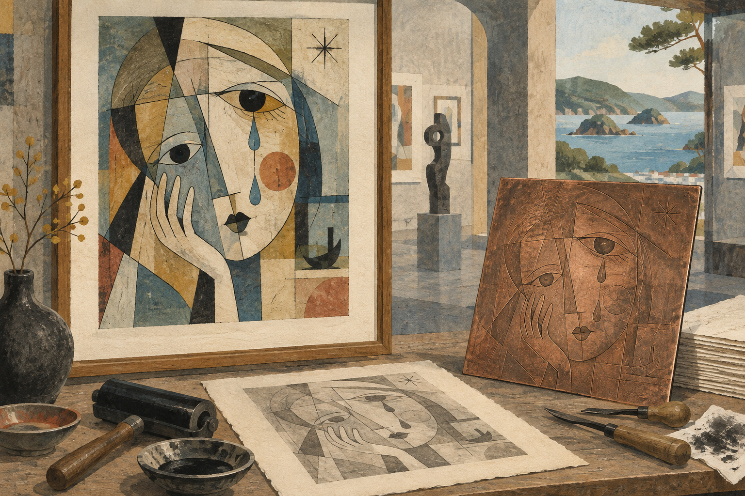 Beyond the famous face: Picasso’s Weeping Woman opens a path into printmaking in Wakayama — AI-generated editorial illustration