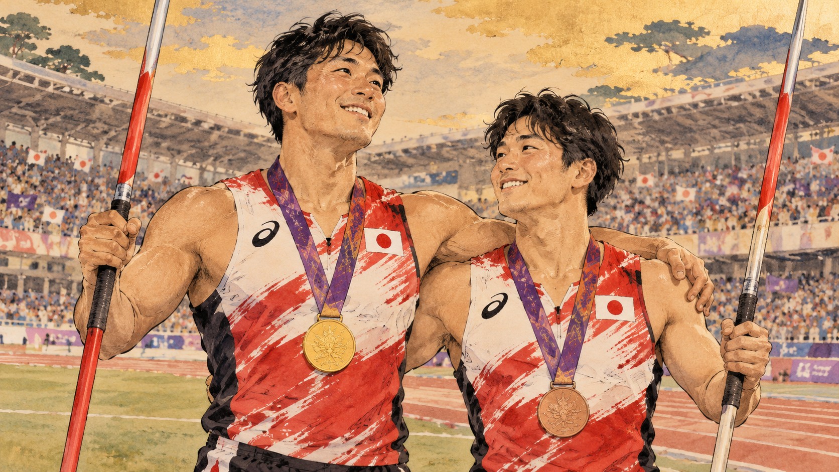 兄弟で金と銅、その「距離」を超えた勝負――若生裕太・拳太、アジアパラのやり投 — editorial illustration