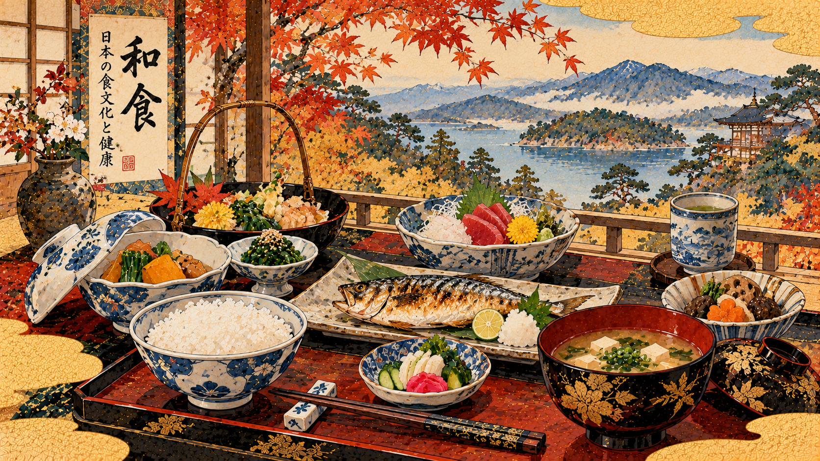 Is Washoku Really Healthy? Japan Reexamines Tradition and Nutrition — AI-generated editorial illustration inspired by Kawanabe Kyōsui