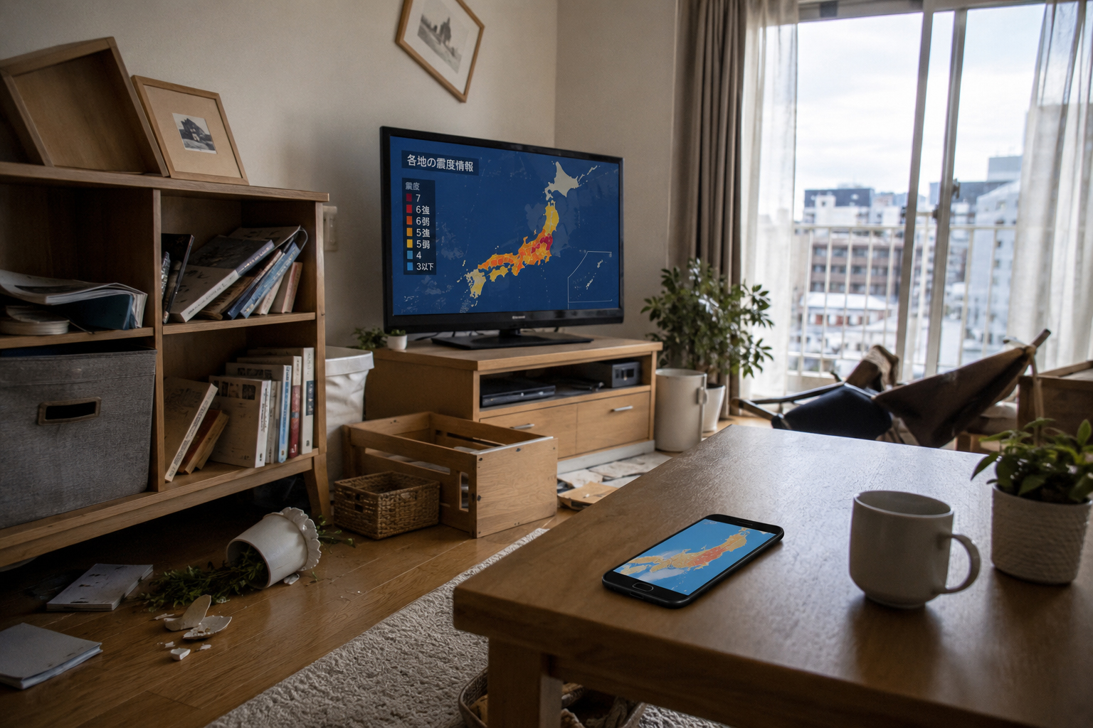 地震後の室内でテレビとスマートフォンに日本の震度情報が表示されている様子。