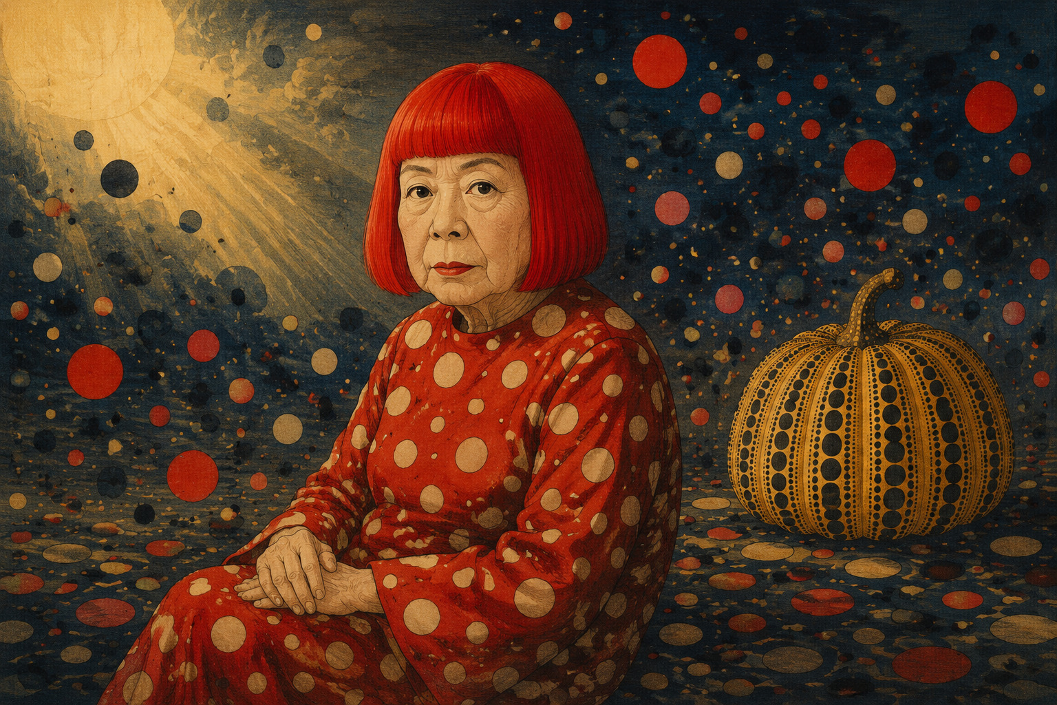 AI editorial memorial illustration with a red-haired figure, repeated circles and a pumpkin form