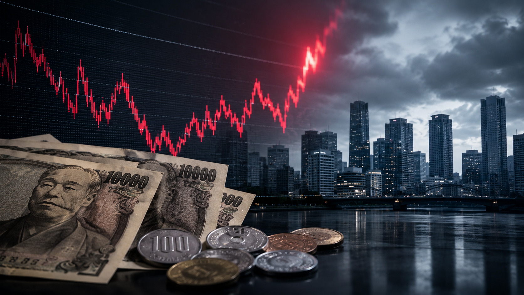 Japanese yen notes and coins with a red market chart over a stormy Tokyo financial district.