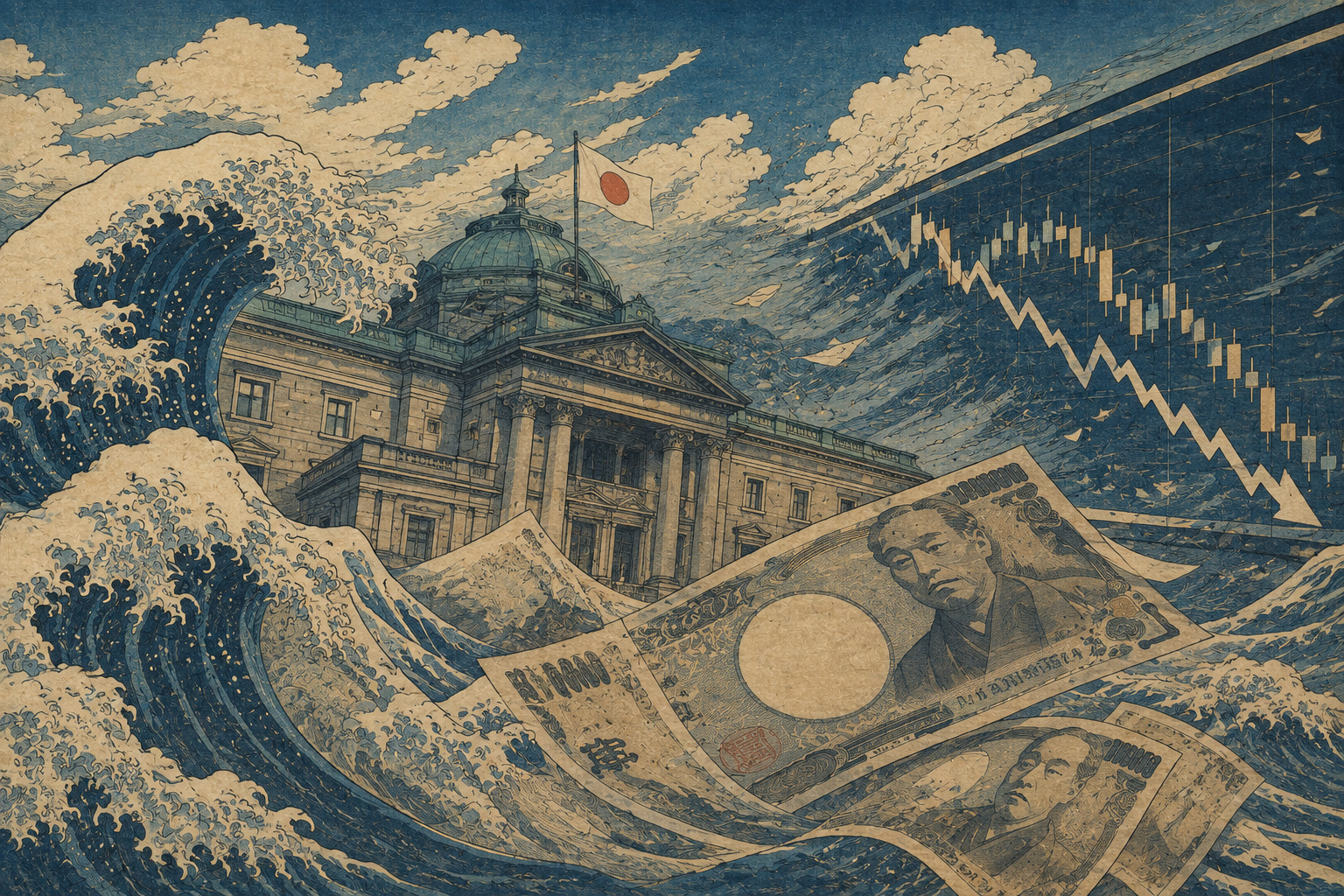 日本銀行本店、円札、荒波、下落する市場チャートを北斎風に描いた編集イラスト