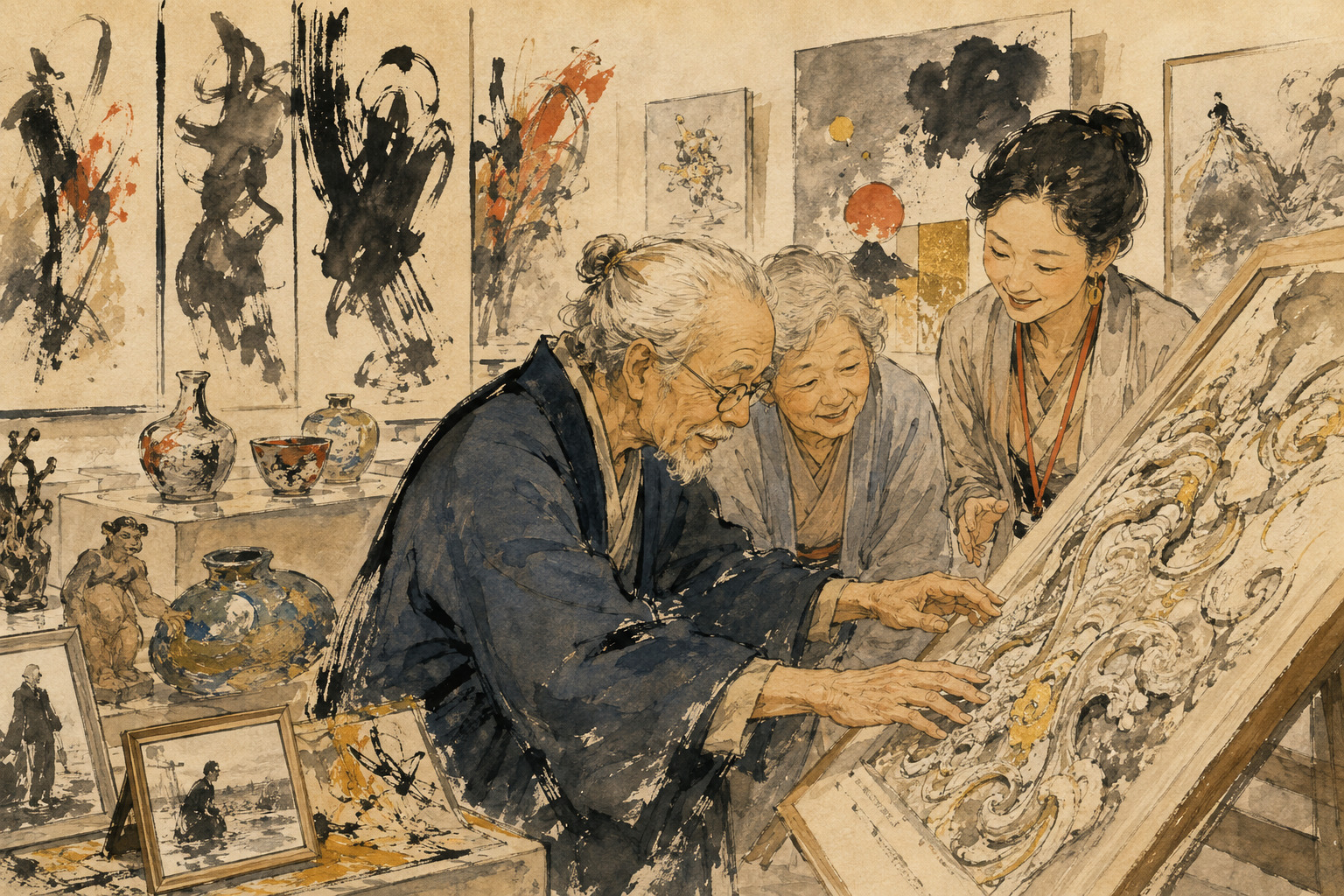An older artist touching a textured work in a Yokohama gallery