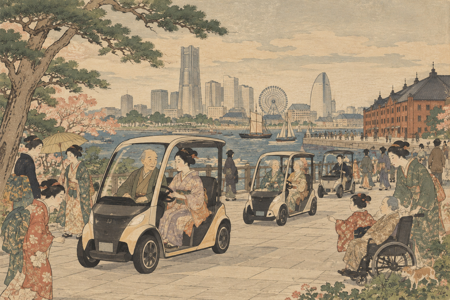 An editorial illustration of compact low-speed shared mobility moving through Yokohama