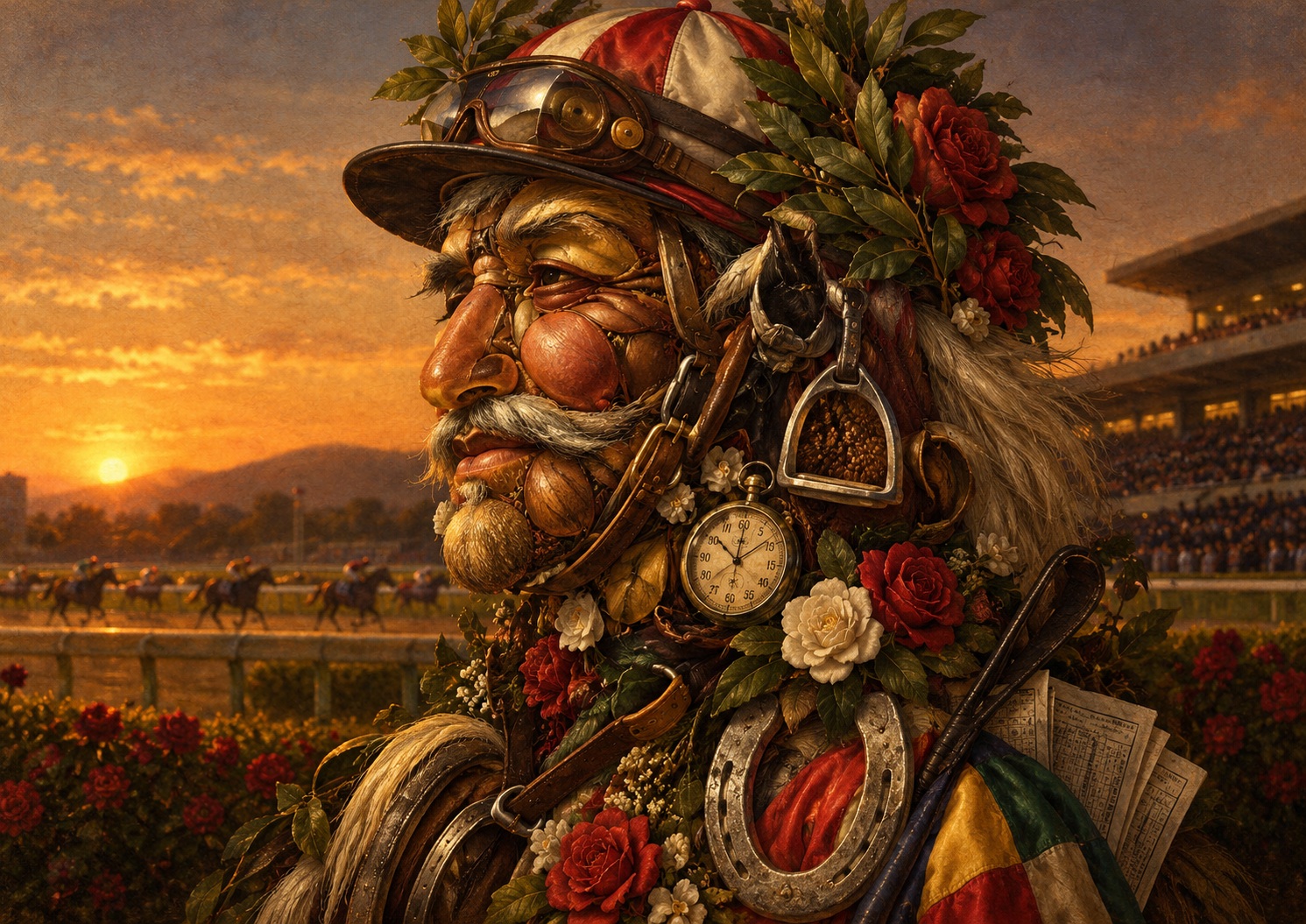 Japan.co.jp AI editorial illustration inspired by Giuseppe Arcimboldo’s composite portraits, accompanying “Yoshitomi Shibata’s 41-Year Riding Career Ends, but Not His Life in Racing”
