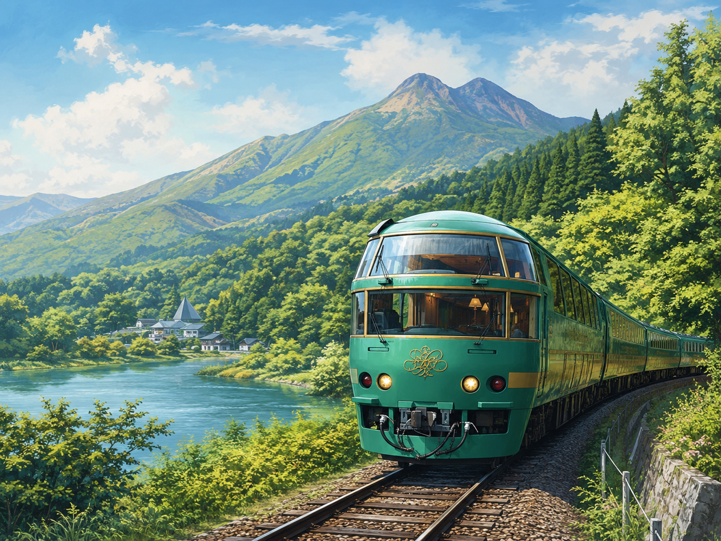 緑の観光列車ゆふいんの森が九州の自然の中を走る